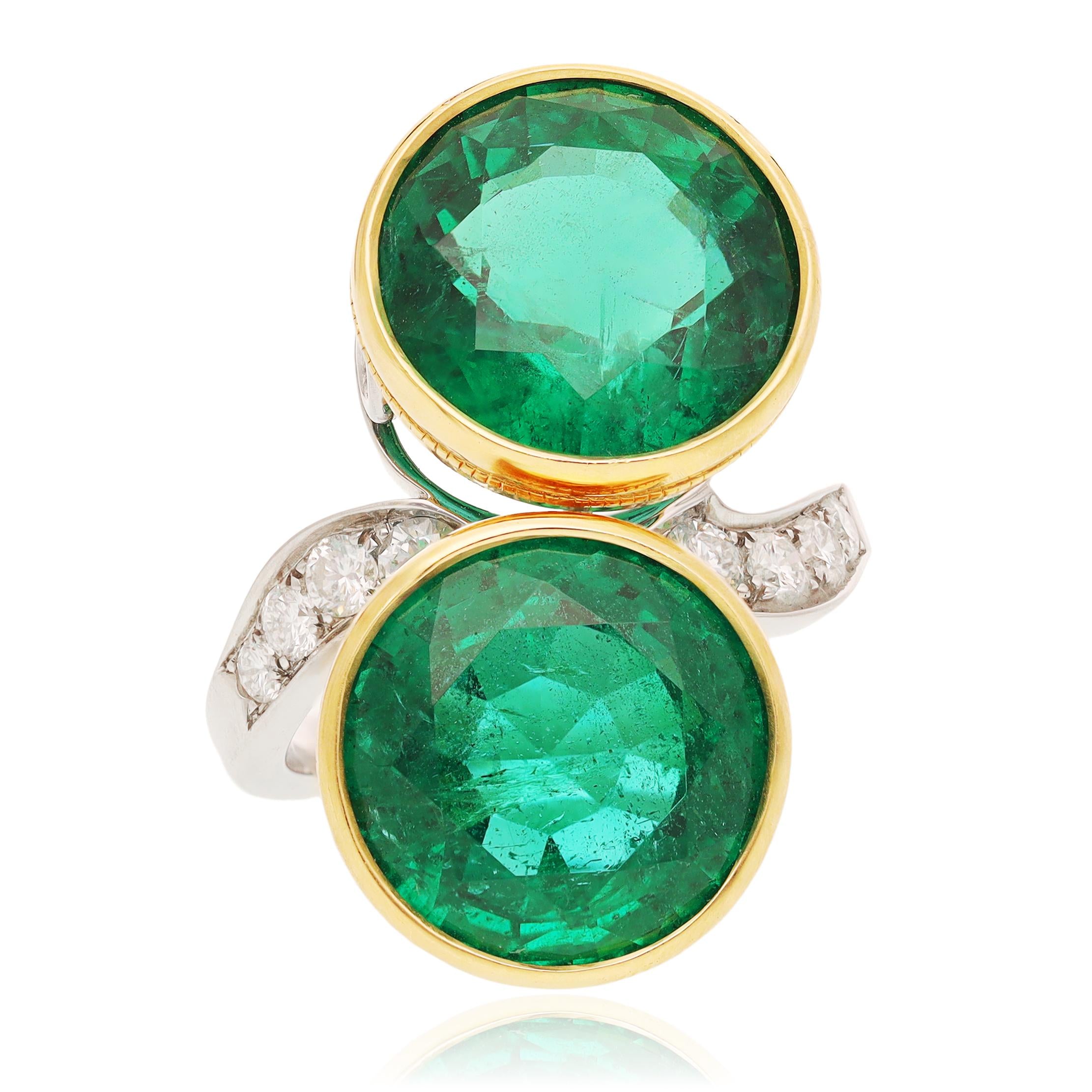 BULGARI 18K Yellow Gold and Platinum Double Emerald Bypass Ring