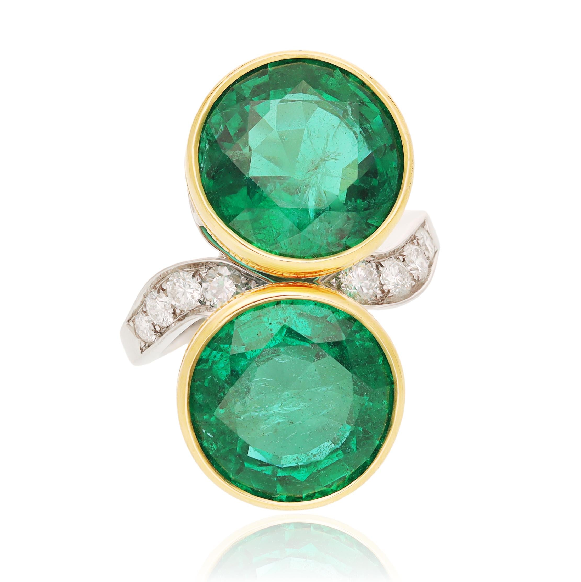 BULGARI 18K Yellow Gold and Platinum Double Emerald Bypass Ring