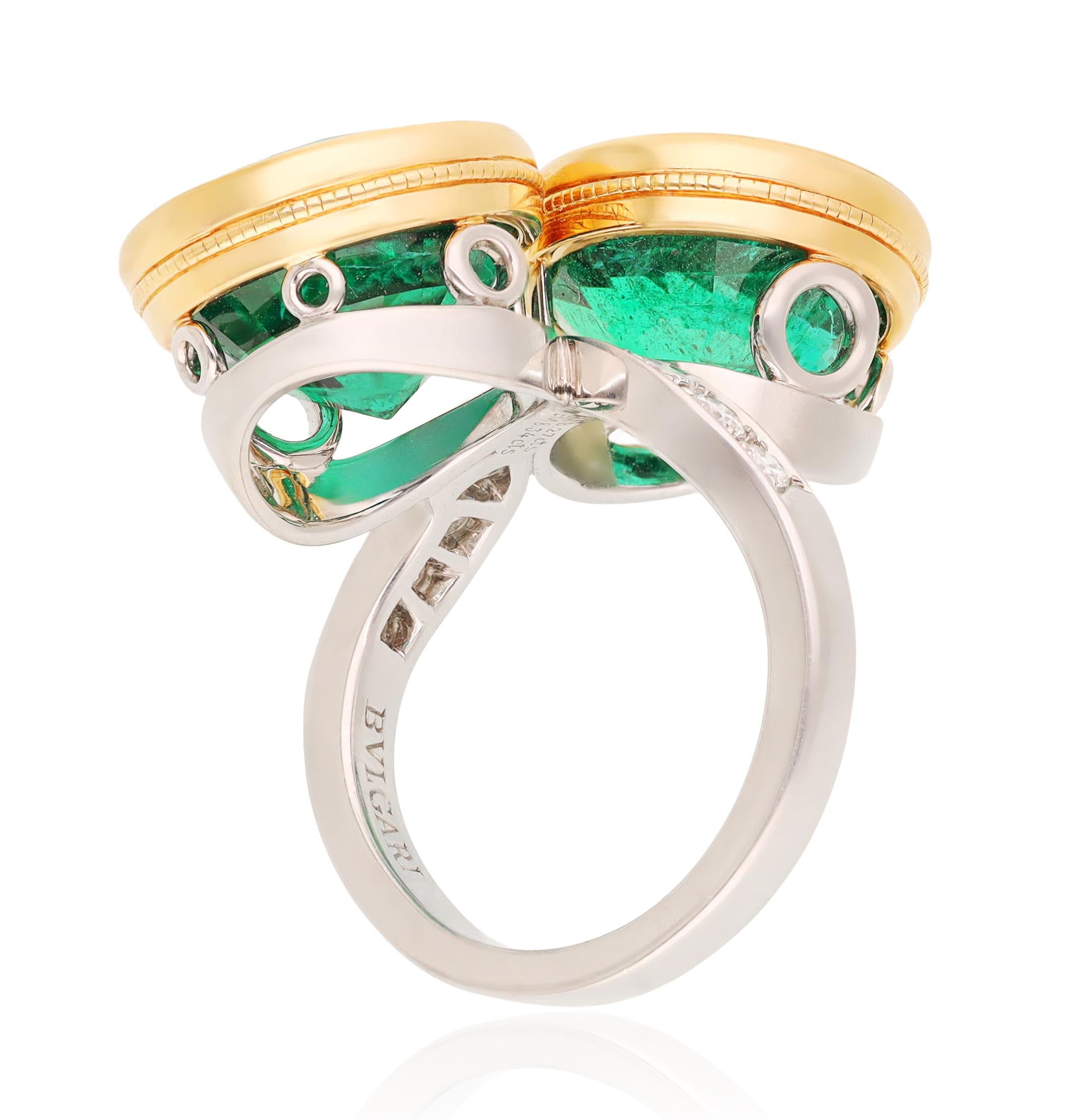 BULGARI 18K Yellow Gold and Platinum Double Emerald Bypass Ring