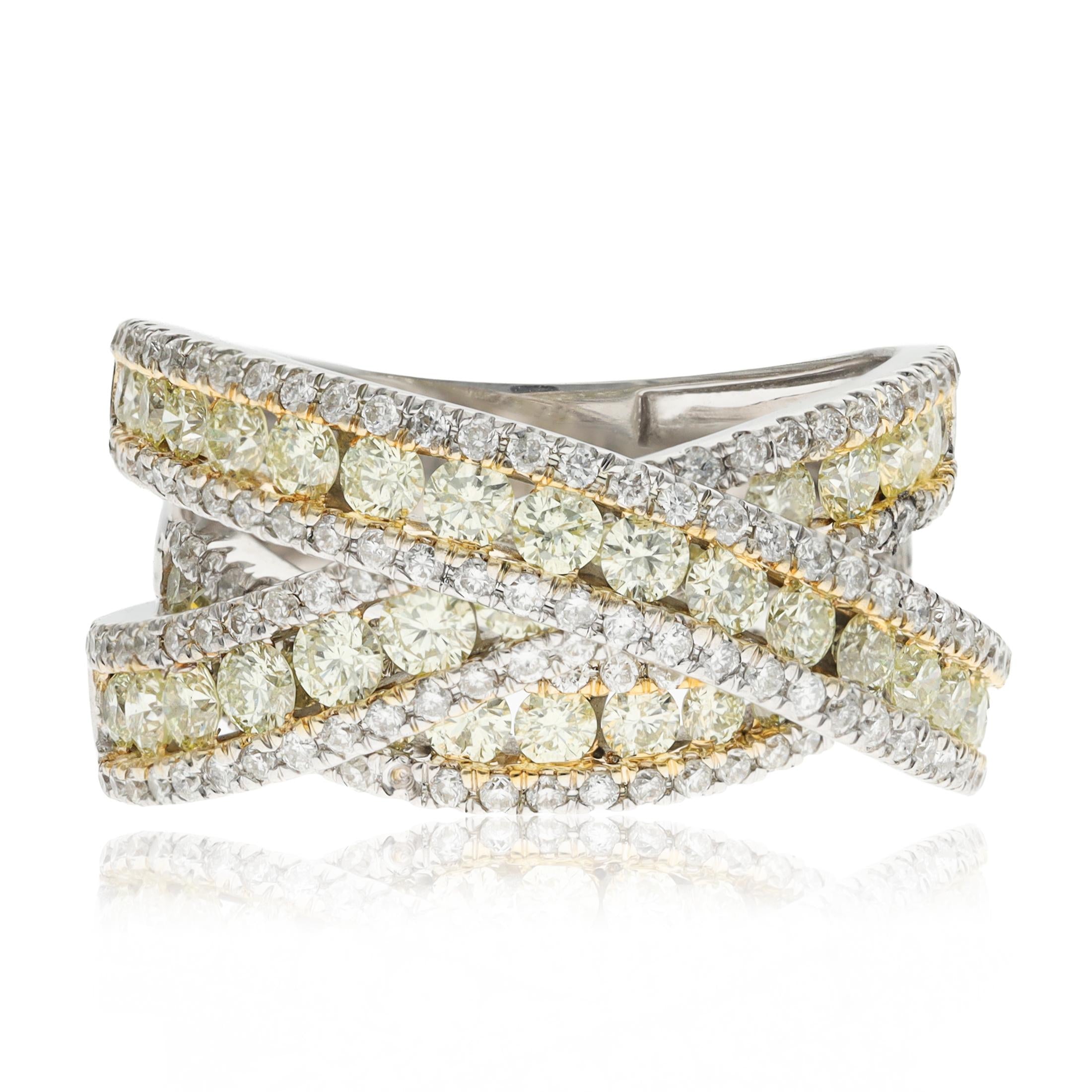 18K WHITE GOLD Fancy Colored and White Diamond Crossover Ring
