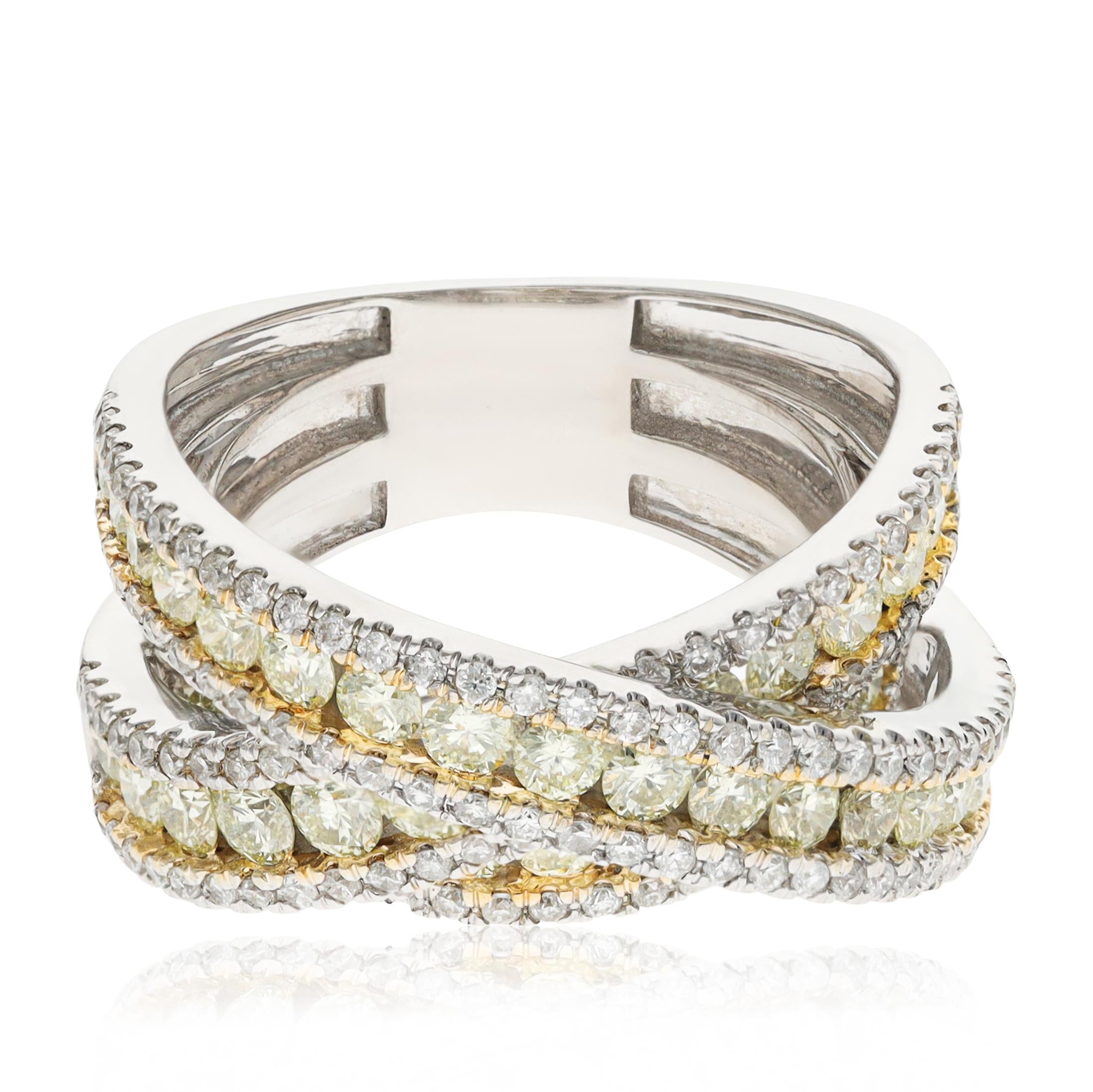 18K WHITE GOLD Fancy Colored and White Diamond Crossover Ring