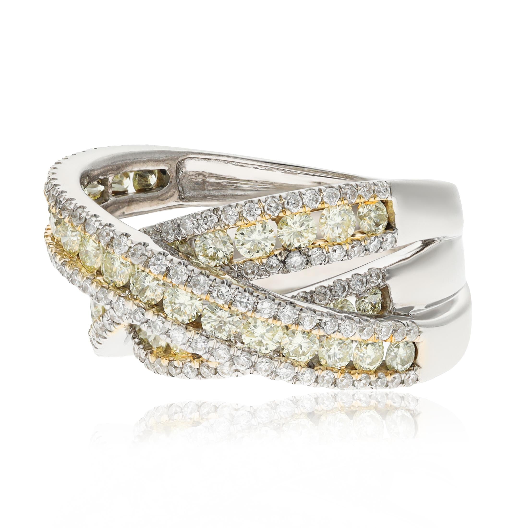 18K WHITE GOLD Fancy Colored and White Diamond Crossover Ring