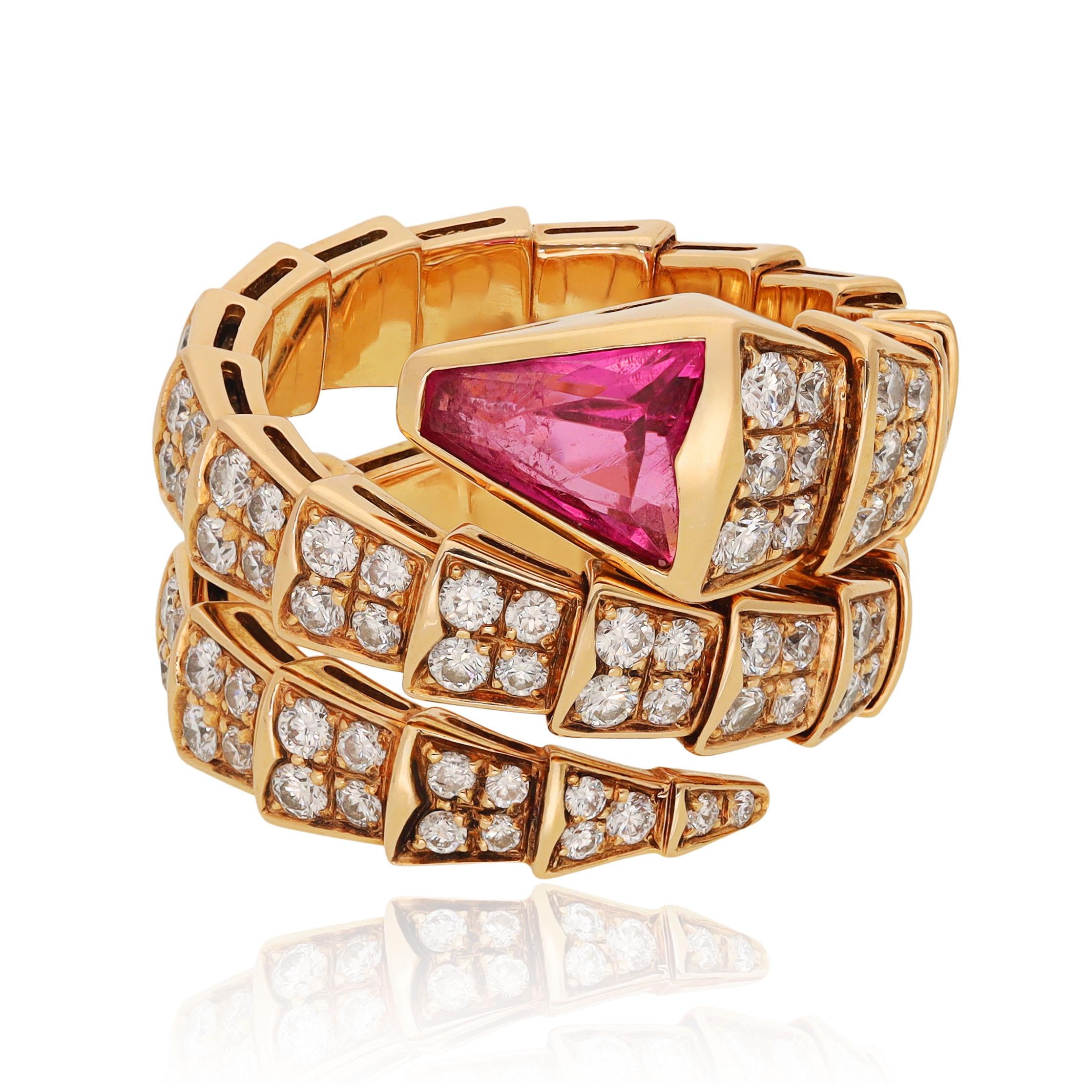 BULGARI 18K Rose Gold, Diamond and Rubellite 3-Coil Serpenti Ring
