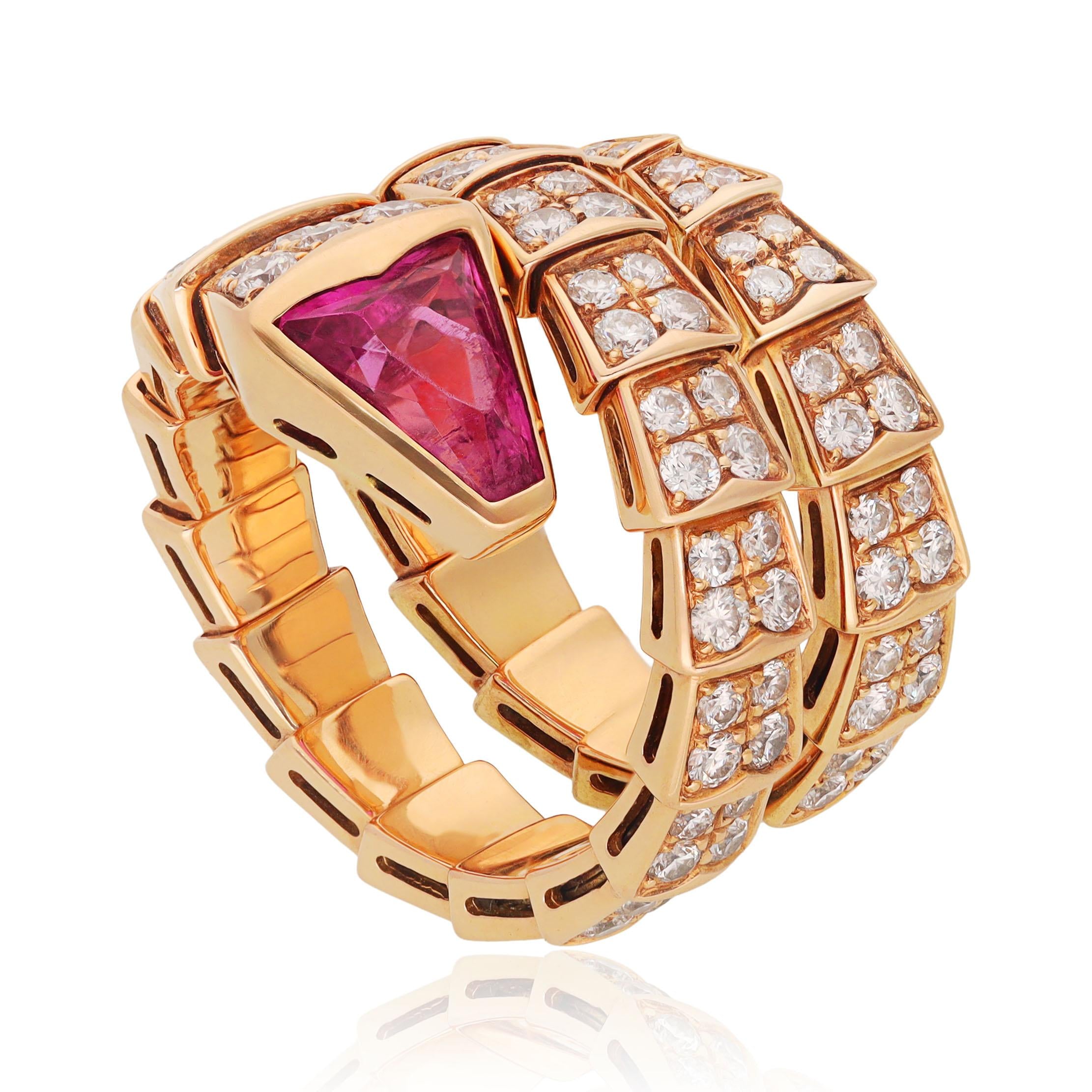 BULGARI 18K Rose Gold, Diamond and Rubellite 3-Coil Serpenti Ring