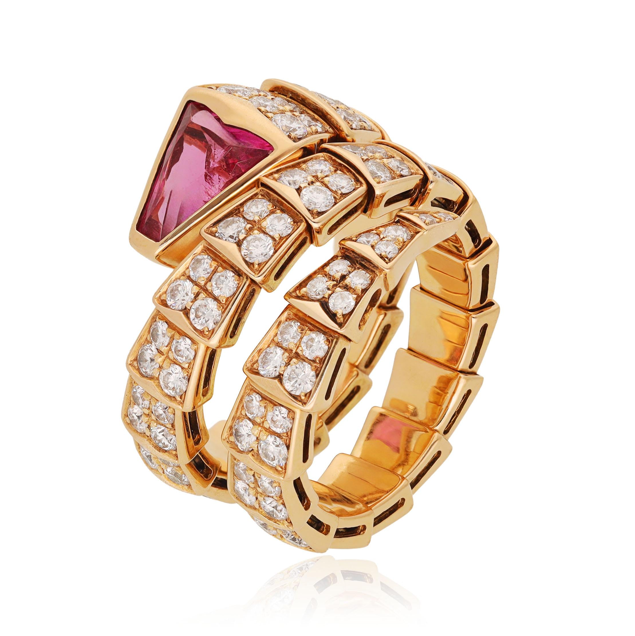BULGARI 18K Rose Gold, Diamond and Rubellite 3-Coil Serpenti Ring