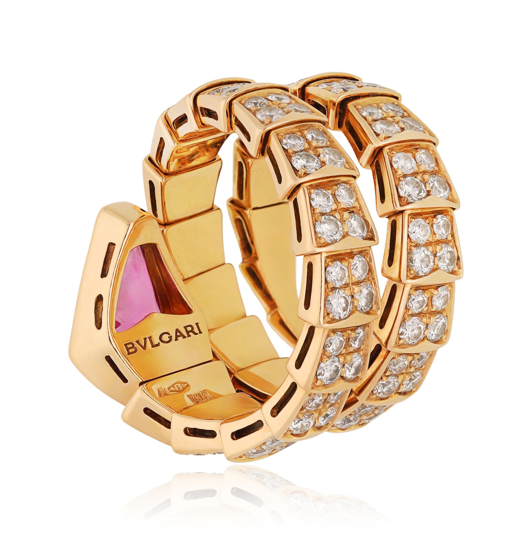 BULGARI 18K Rose Gold, Diamond and Rubellite 3-Coil Serpenti Ring