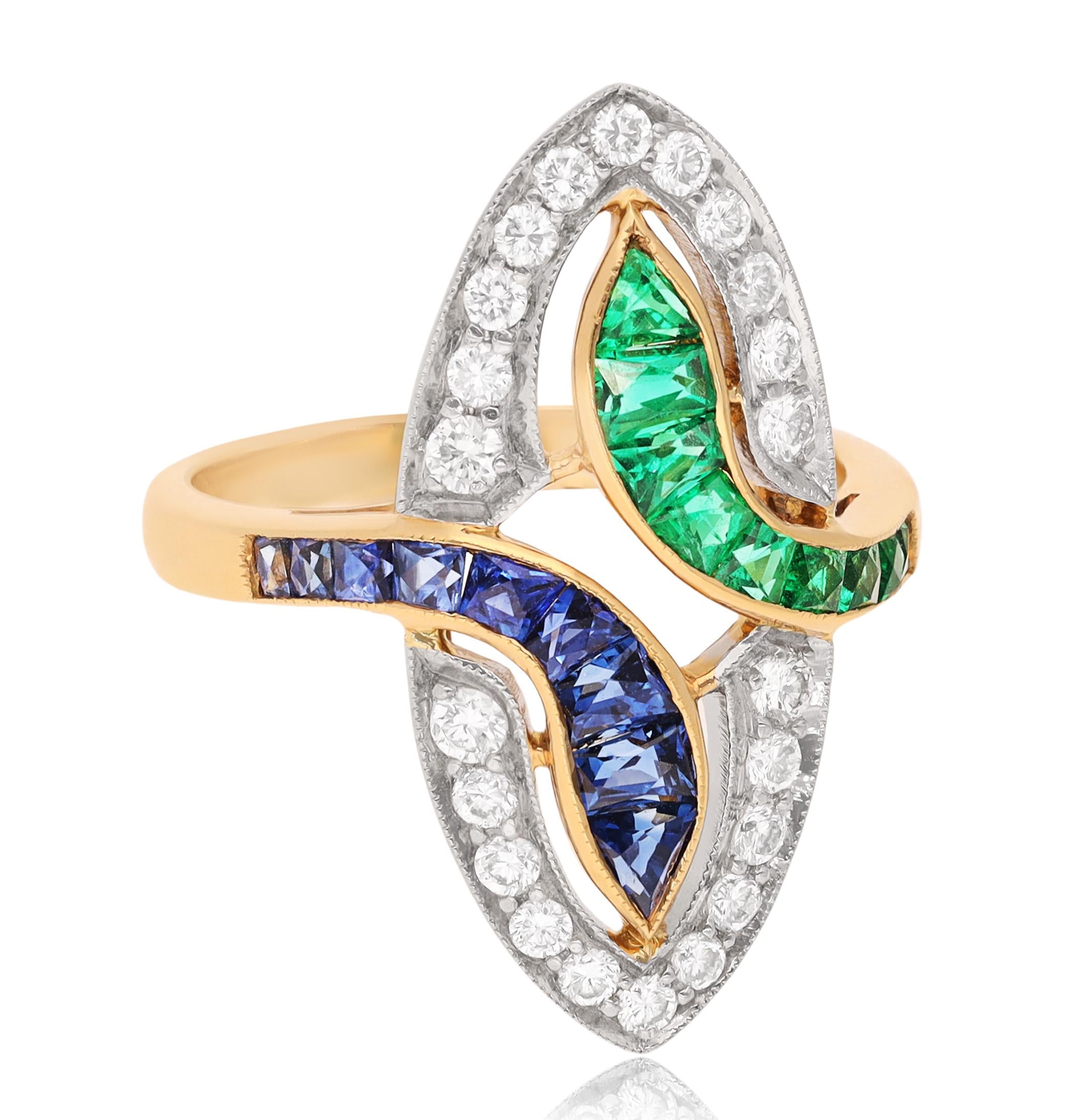 18K Yellow Gold Sapphire, Emerald and Diamond Ring