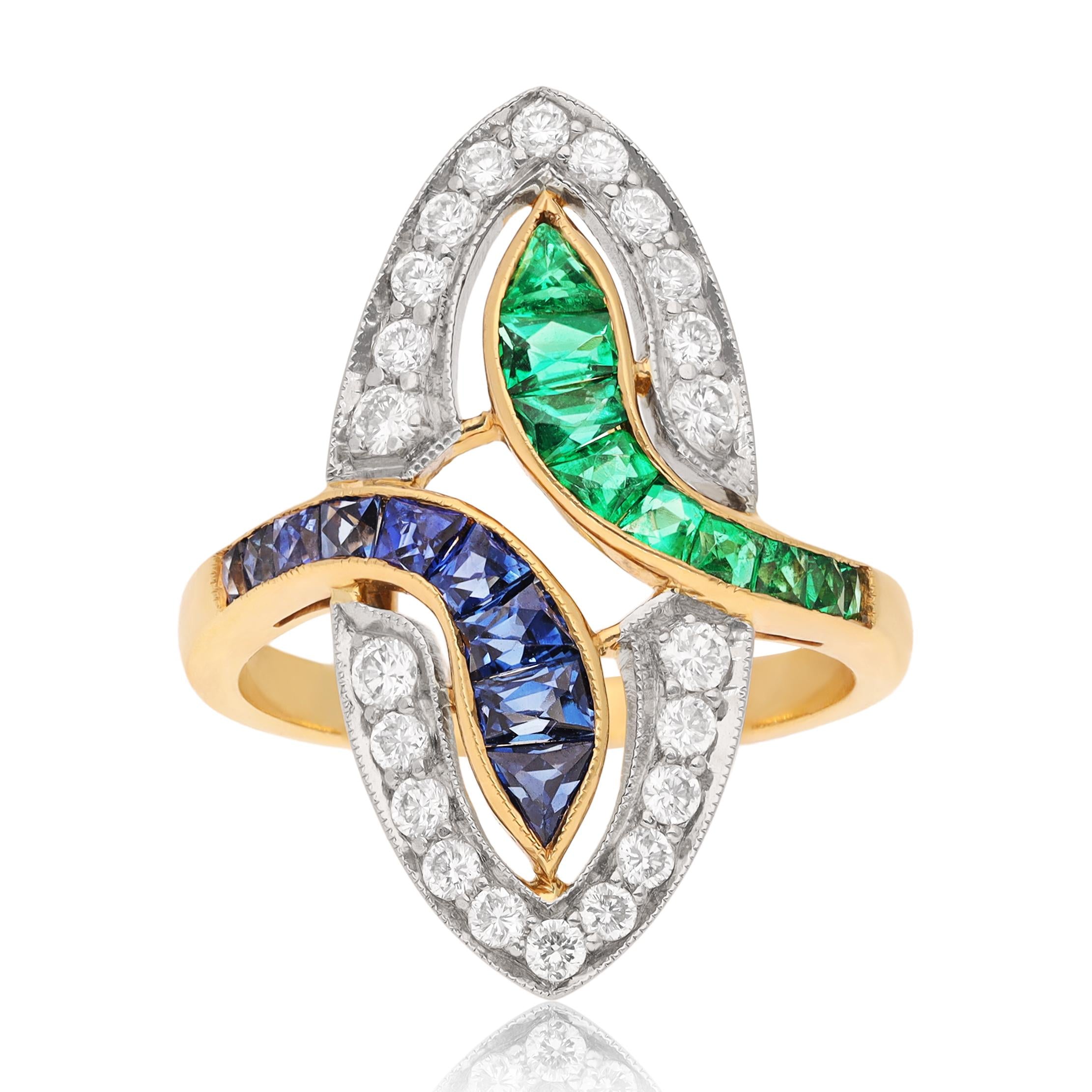 18K Yellow Gold Sapphire, Emerald and Diamond Ring