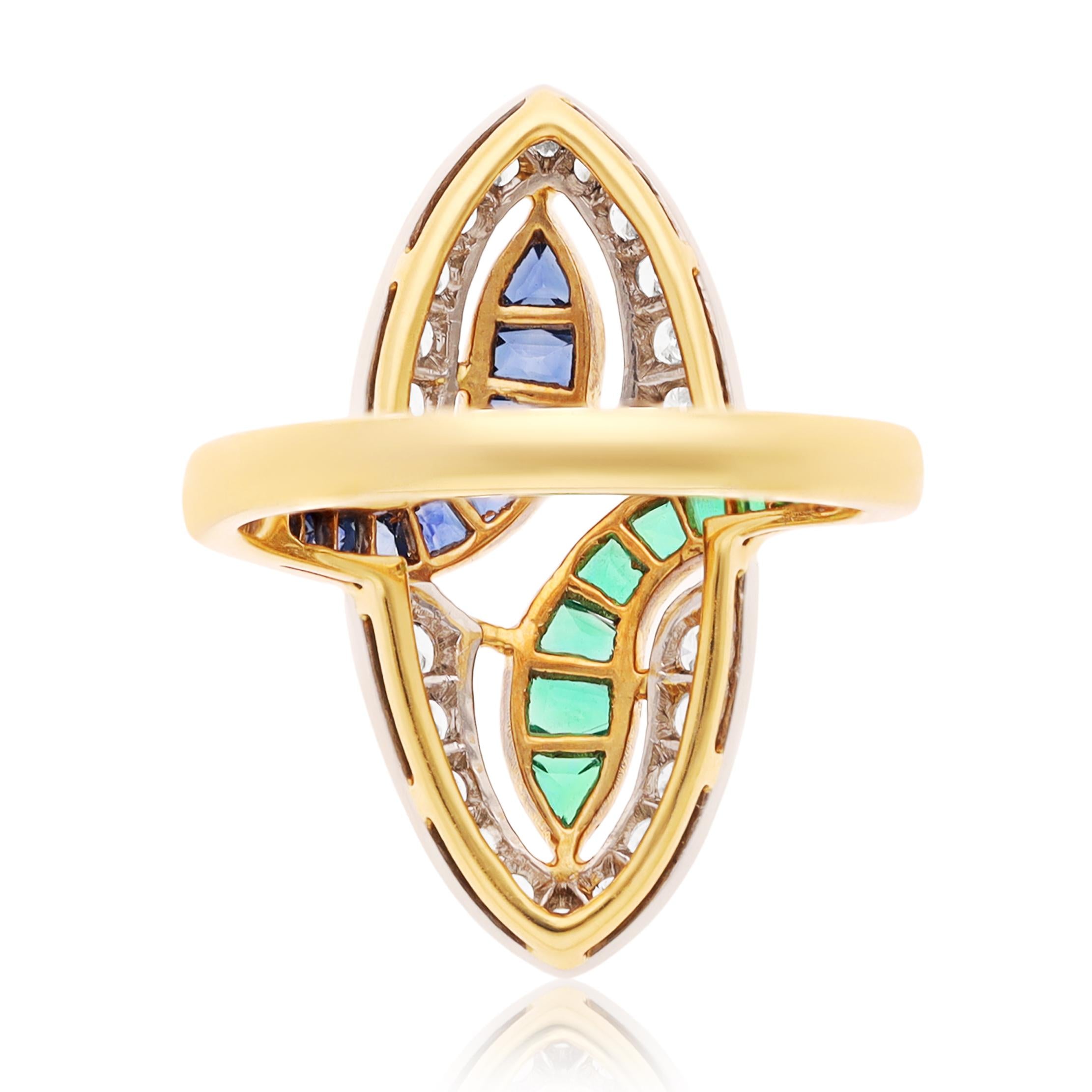 18K Yellow Gold Sapphire, Emerald and Diamond Ring