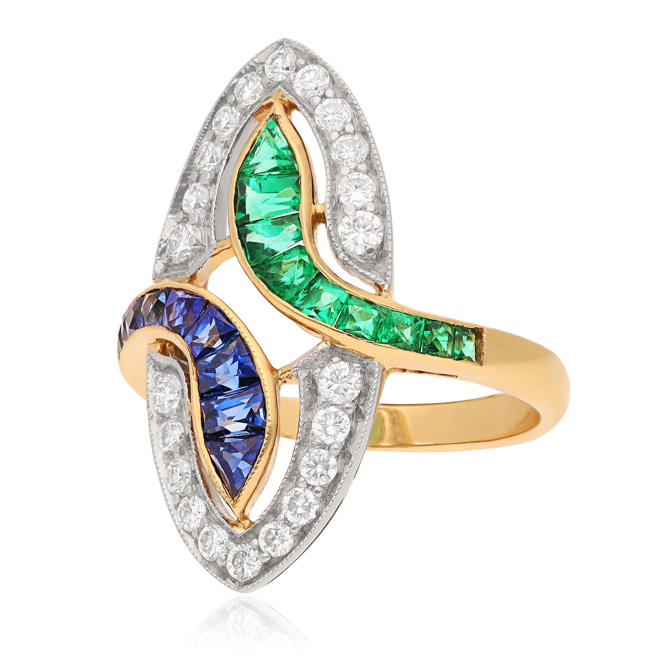 18K Yellow Gold Sapphire, Emerald and Diamond Ring