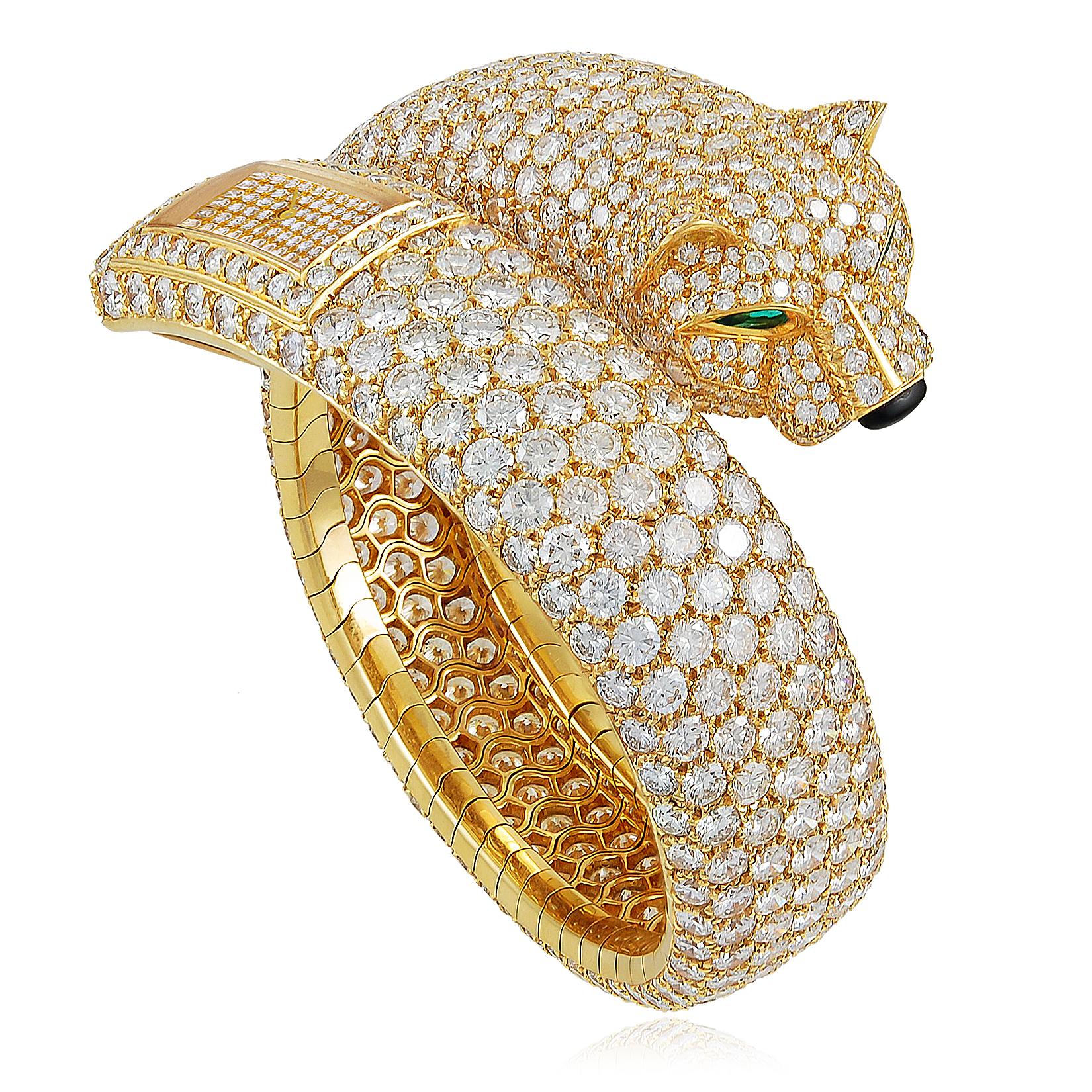 CARTIER Diamond, Emerald and Onyx Panther Head Wrap Bracelet/Watch
