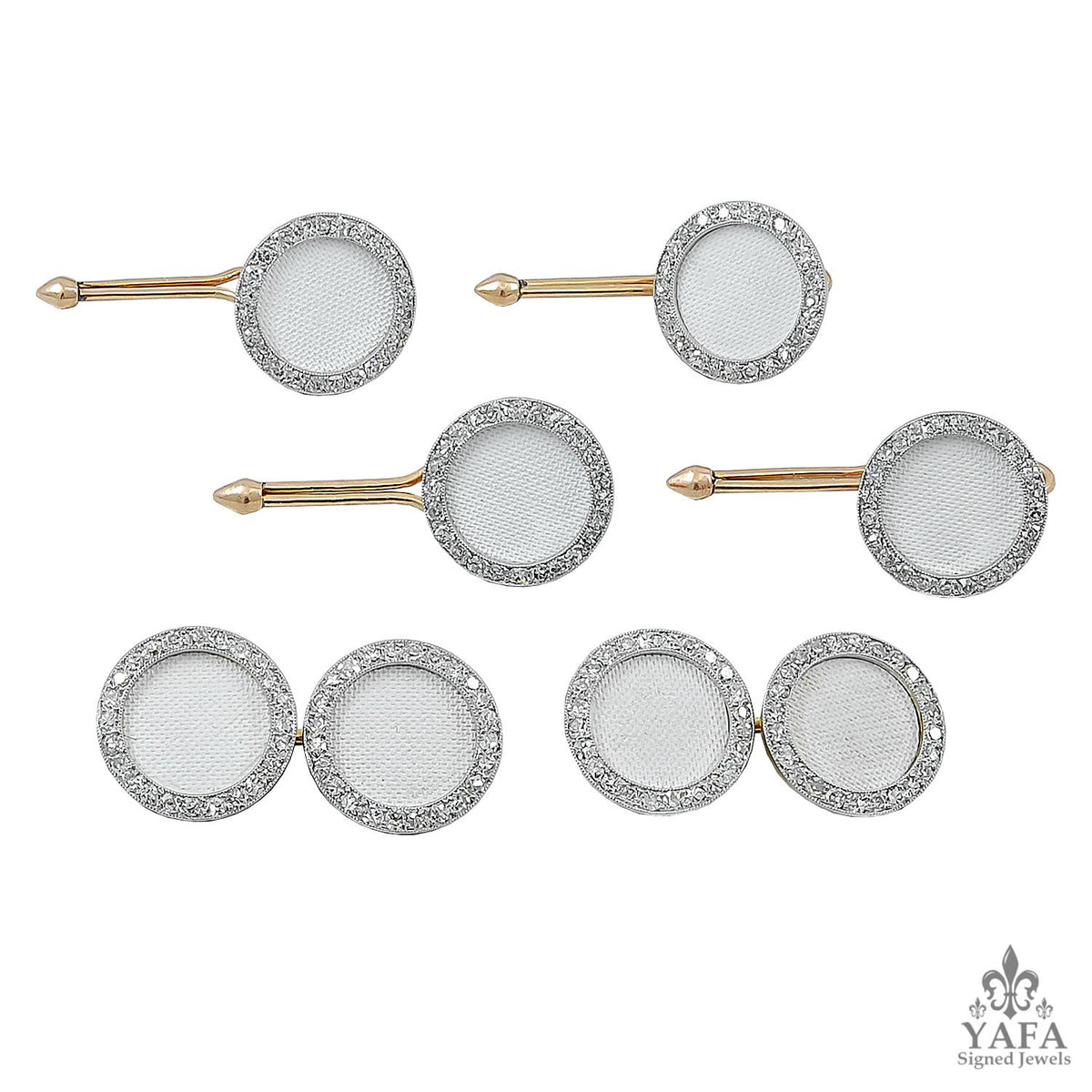 CARTIER 18K Yellow Gold, Platinum, Diamond and White Enamel Six-Piece Dress Set