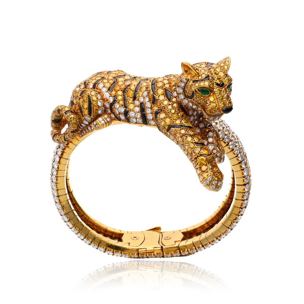 CARTIER Vivid Yellow & White Diamond, Panther Figure Bracelet/Concealed Watch