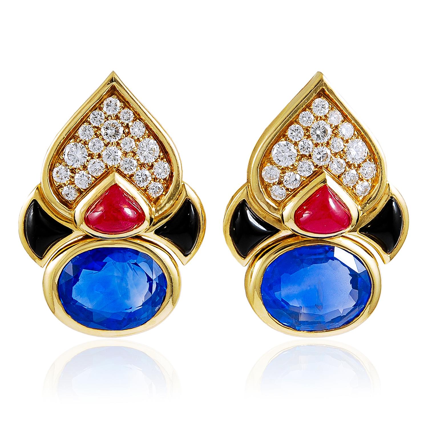 MARINA B. France Diamond, Cabochon Ruby, and No Heat Ceylon Sapphire Ear Clips
