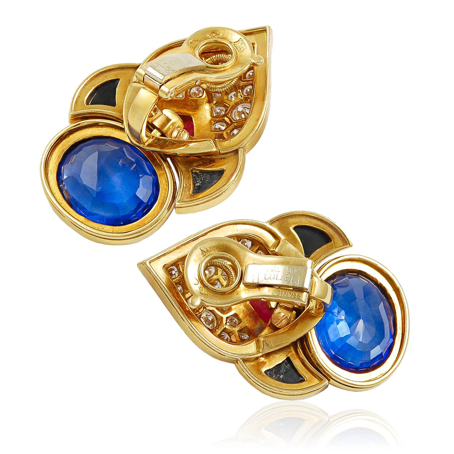 MARINA B. France Diamond, Cabochon Ruby, and No Heat Ceylon Sapphire Ear Clips