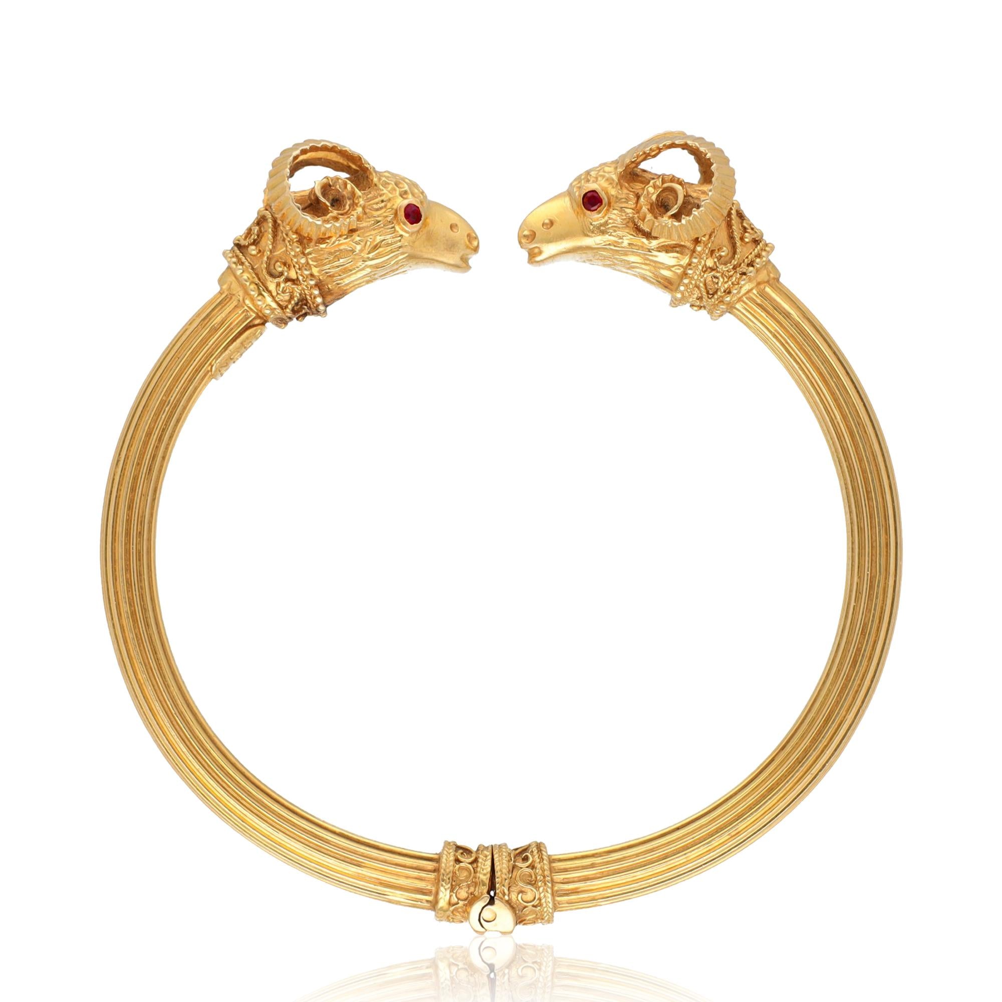 18K Yellow Gold Ruby Eye Ram’s Head Bangle