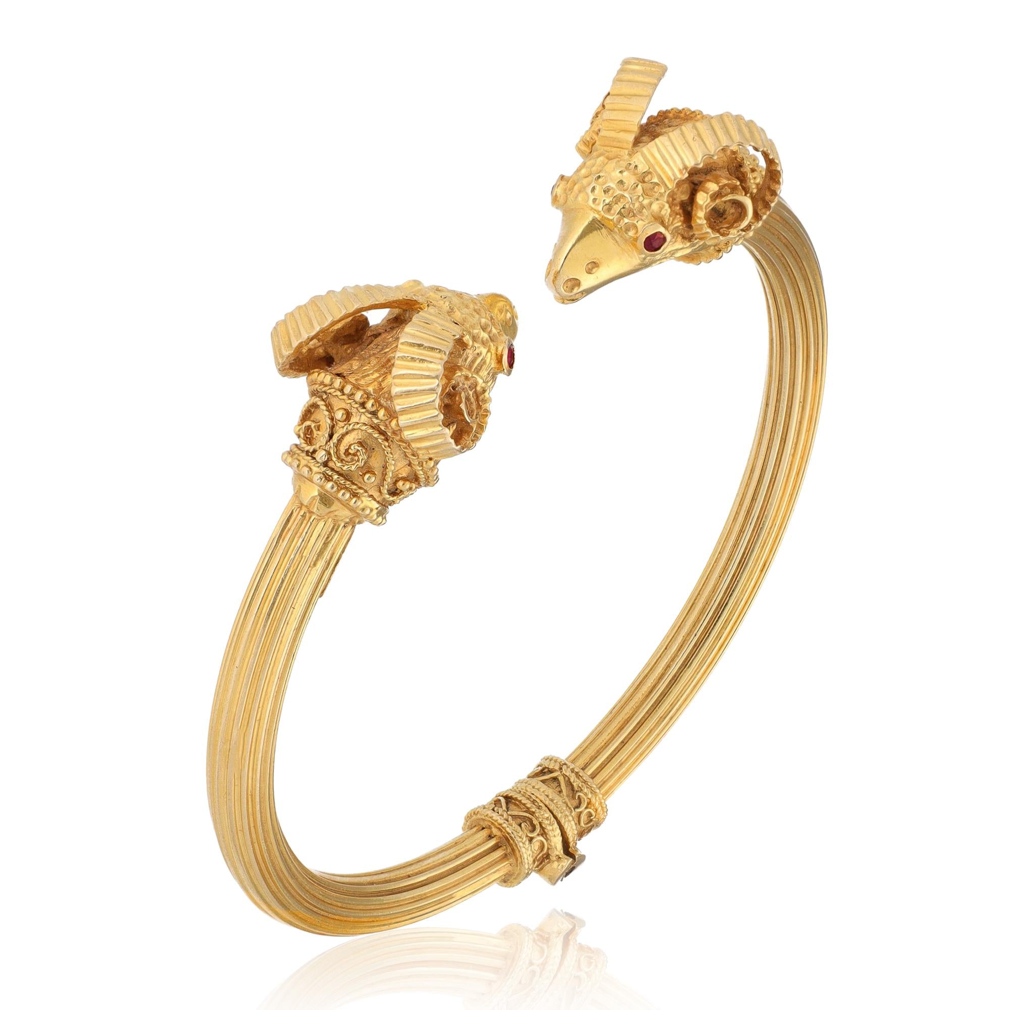 18K Yellow Gold Ruby Eye Ram’s Head Bangle