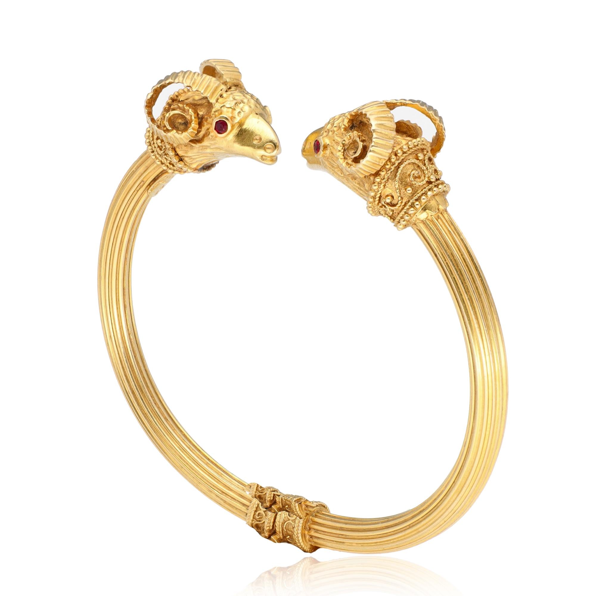 18K Yellow Gold Ruby Eye Ram’s Head Bangle