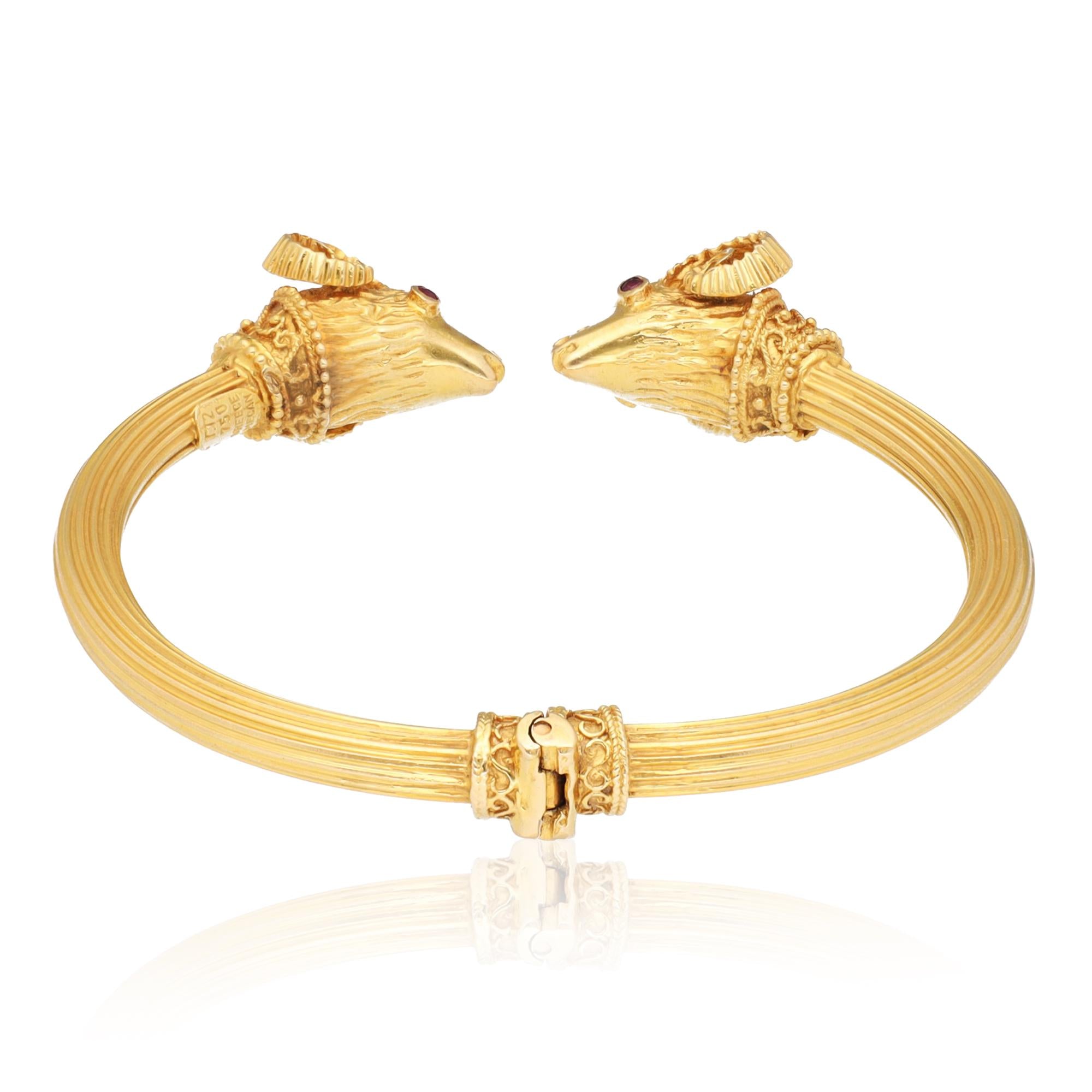 18K Yellow Gold Ruby Eye Ram’s Head Bangle