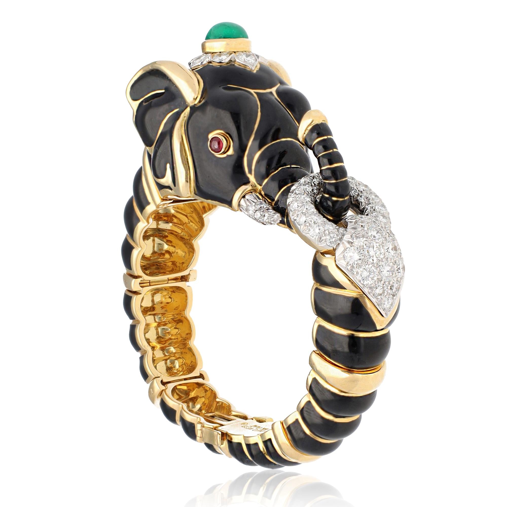DAVID WEBB BLACK ENAMEL, EMERALD AND DIAMOND ELEPHANT BANGLE
