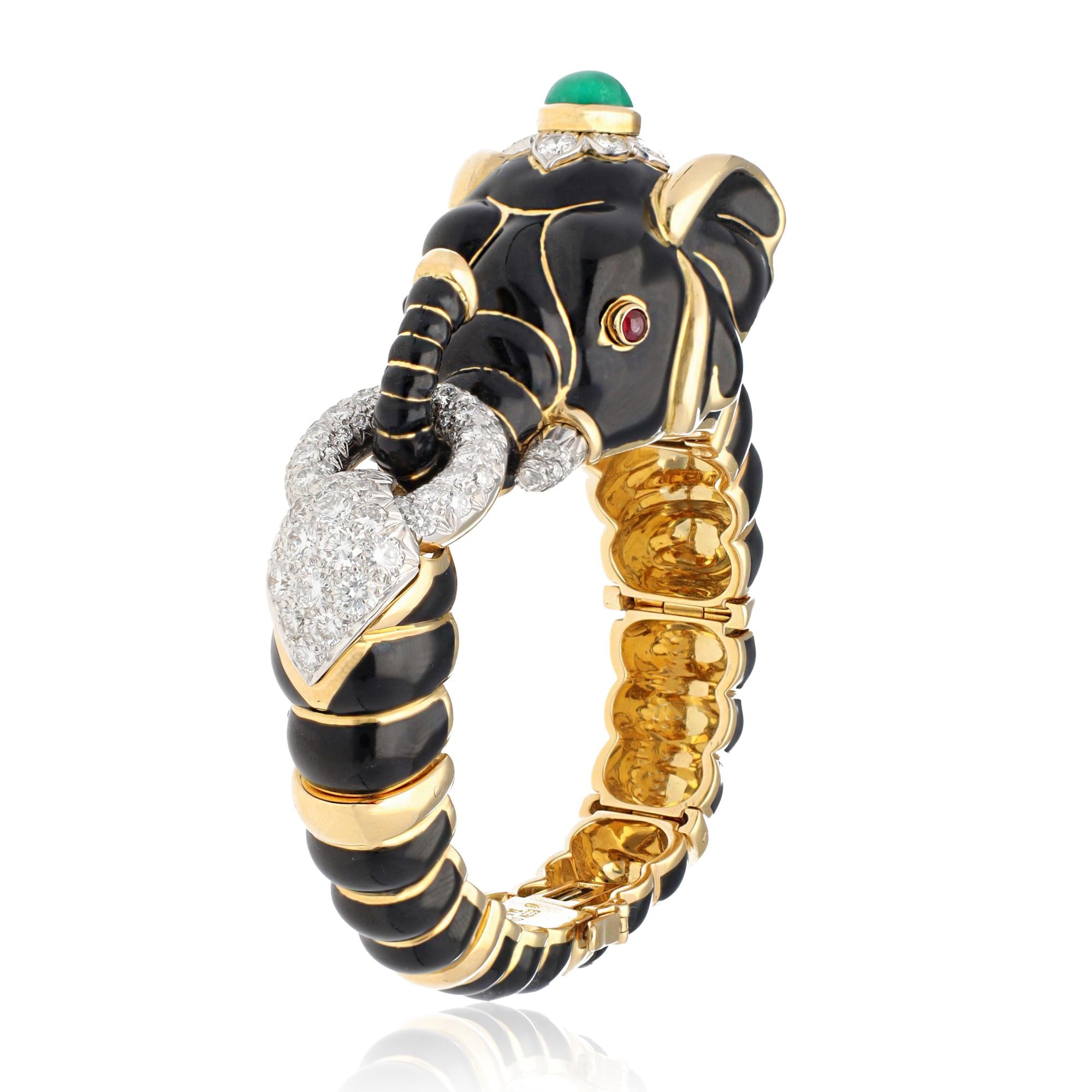 DAVID WEBB BLACK ENAMEL, EMERALD AND DIAMOND ELEPHANT BANGLE