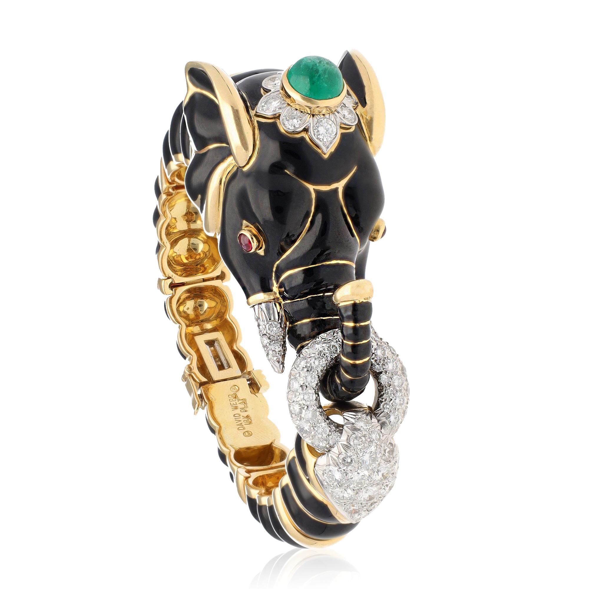 DAVID WEBB BLACK ENAMEL, EMERALD AND DIAMOND ELEPHANT BANGLE