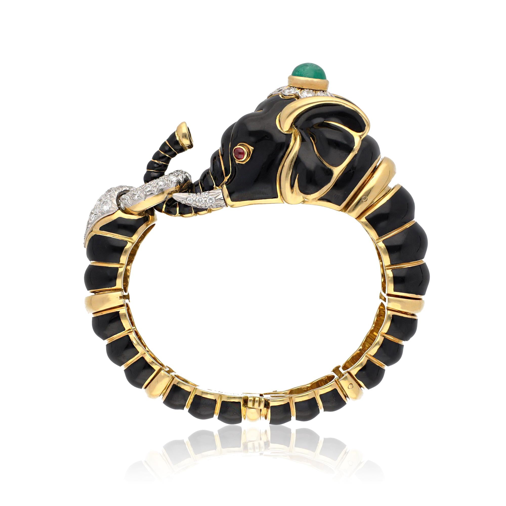 DAVID WEBB BLACK ENAMEL, EMERALD AND DIAMOND ELEPHANT BANGLE