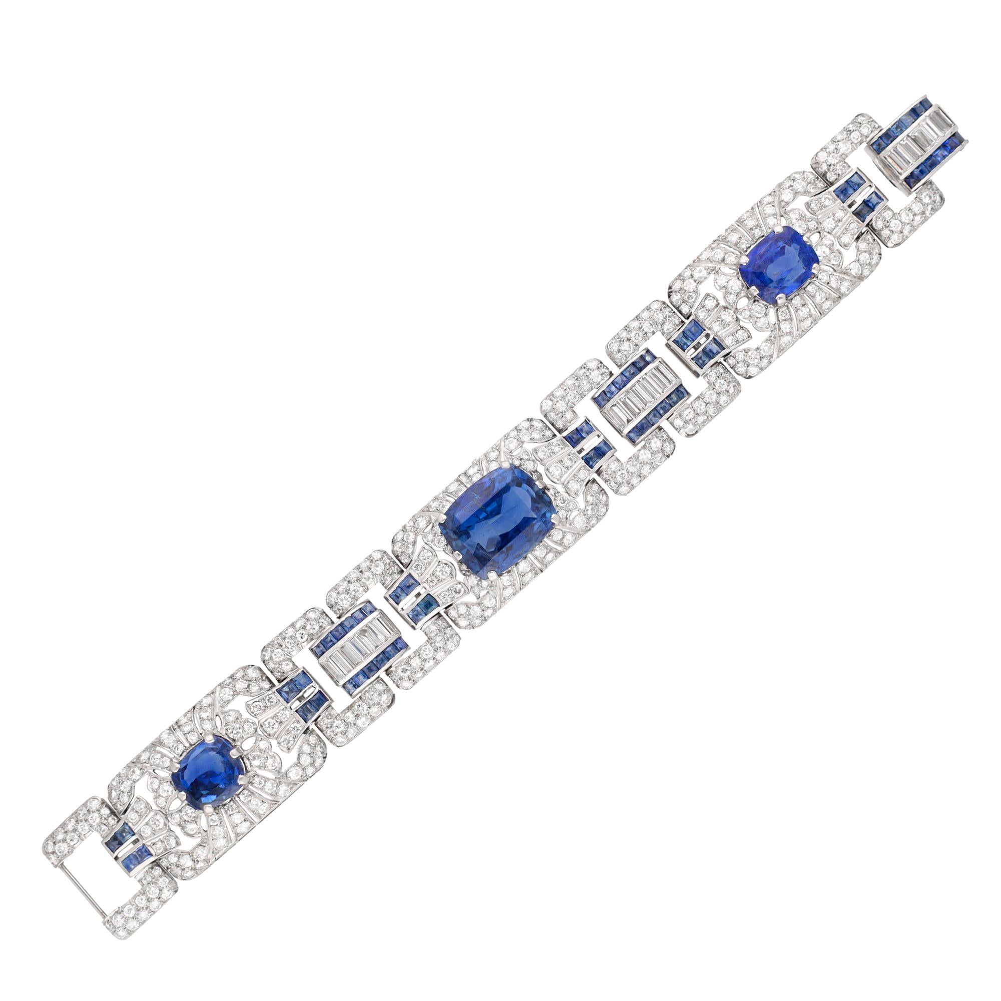 Art Deco Platinum, Ceylon Sapphire and Diamond Bracelet, Circa 1930s