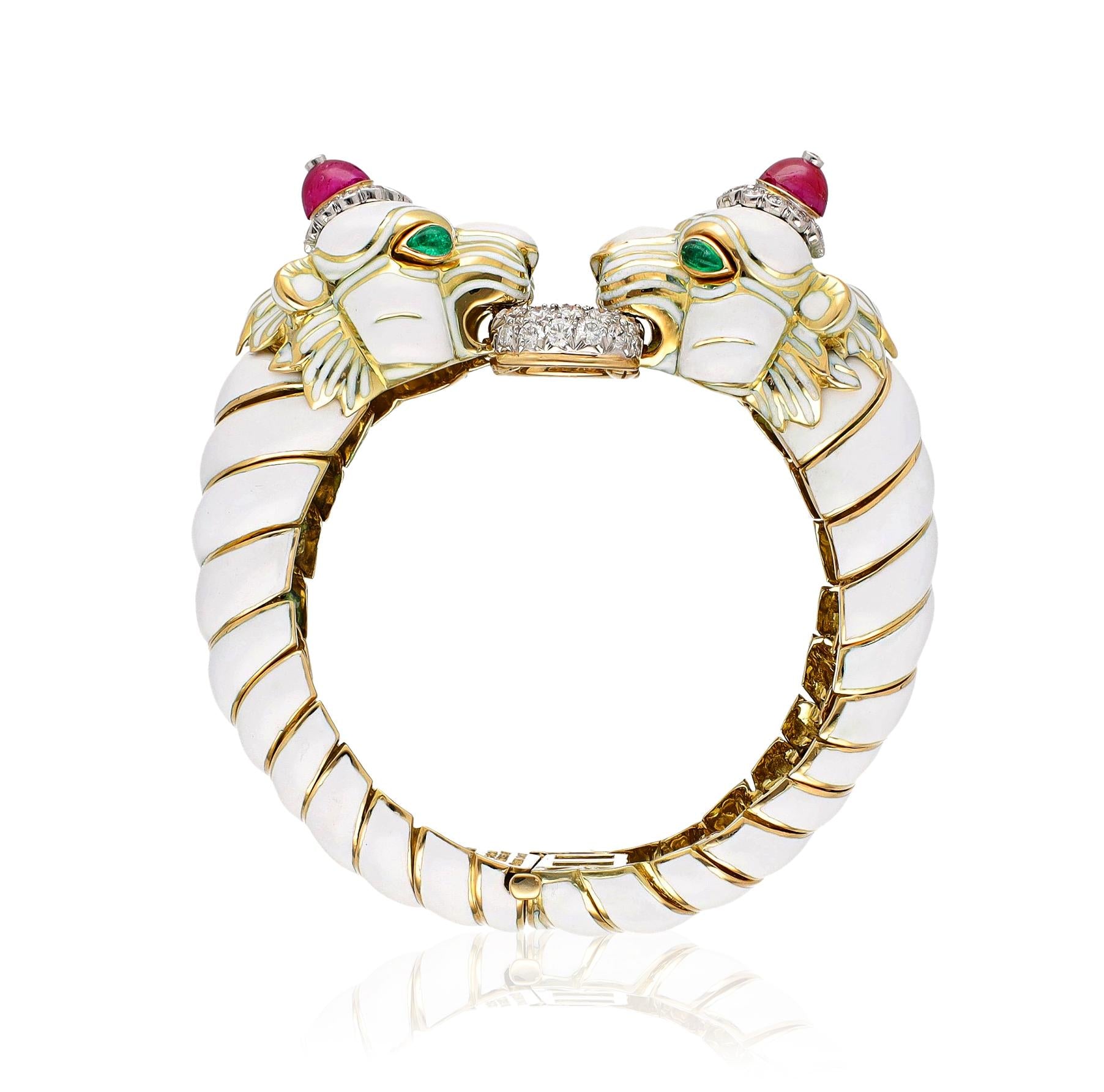 DAVID WEBB Cabochon Ruby, Emerald & Diamond Twin Lion Bracelet