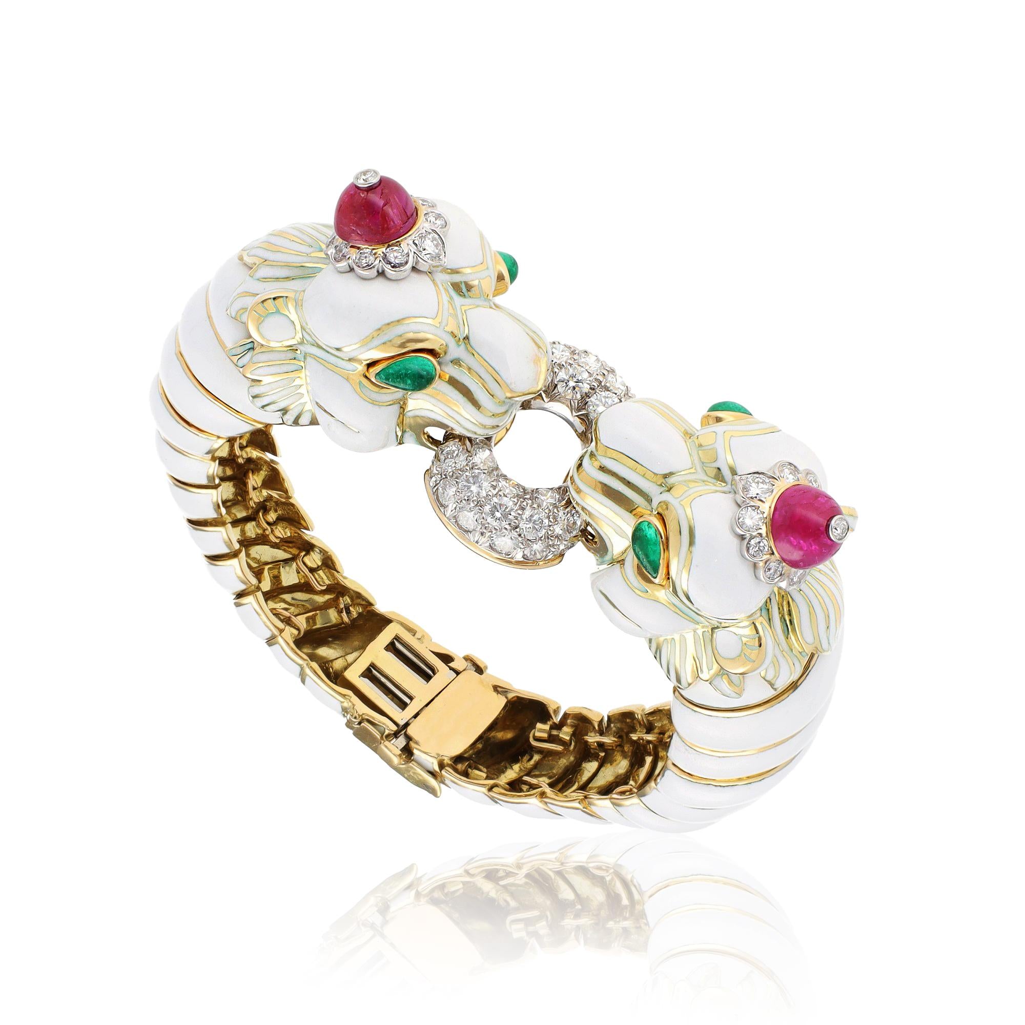DAVID WEBB Cabochon Ruby, Emerald & Diamond Twin Lion Bracelet