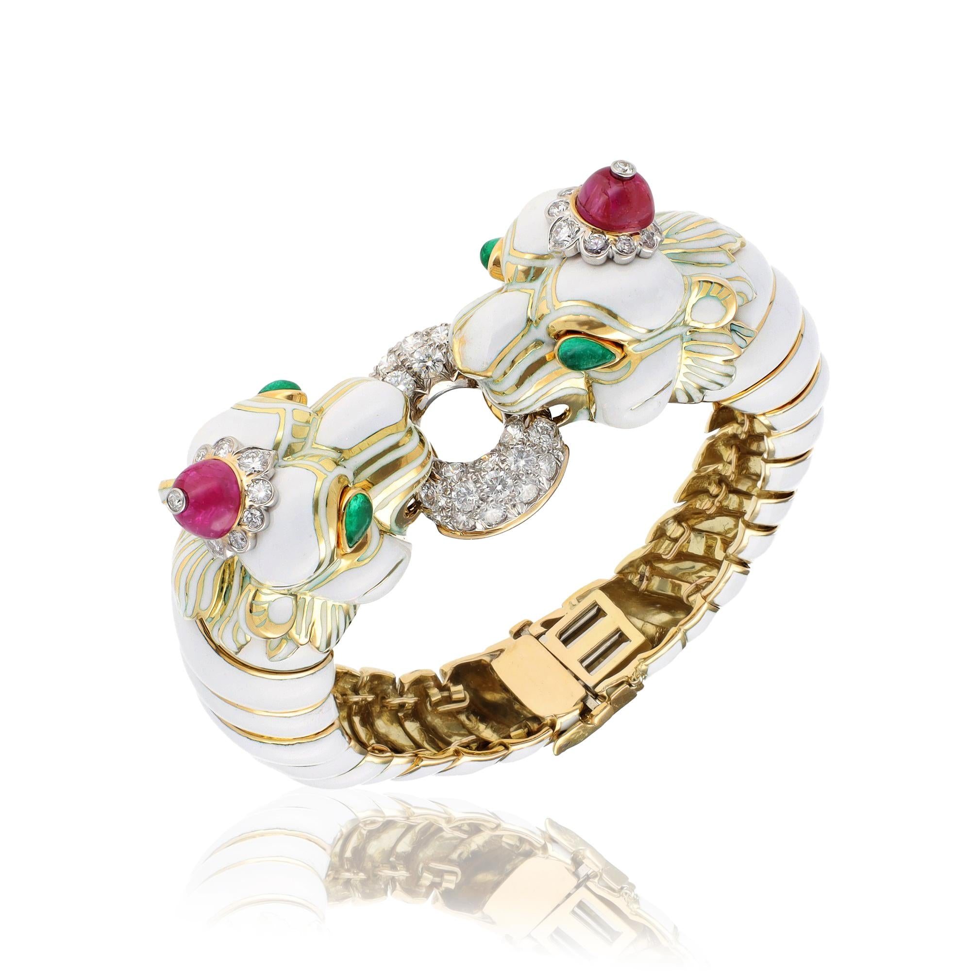 DAVID WEBB Cabochon Ruby, Emerald & Diamond Twin Lion Bracelet