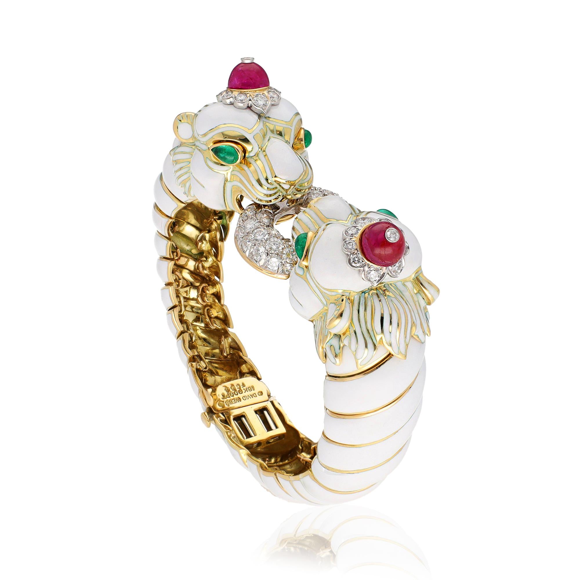 DAVID WEBB Cabochon Ruby, Emerald & Diamond Twin Lion Bracelet