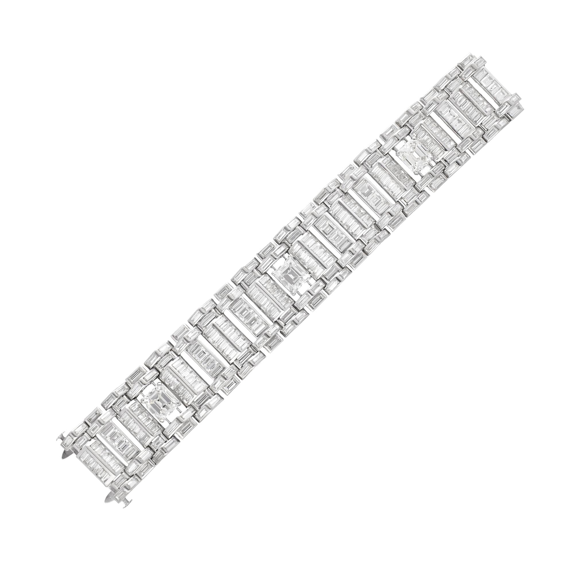 Platinum Vintage 1950s Emerald Cut Diamond Bracelet