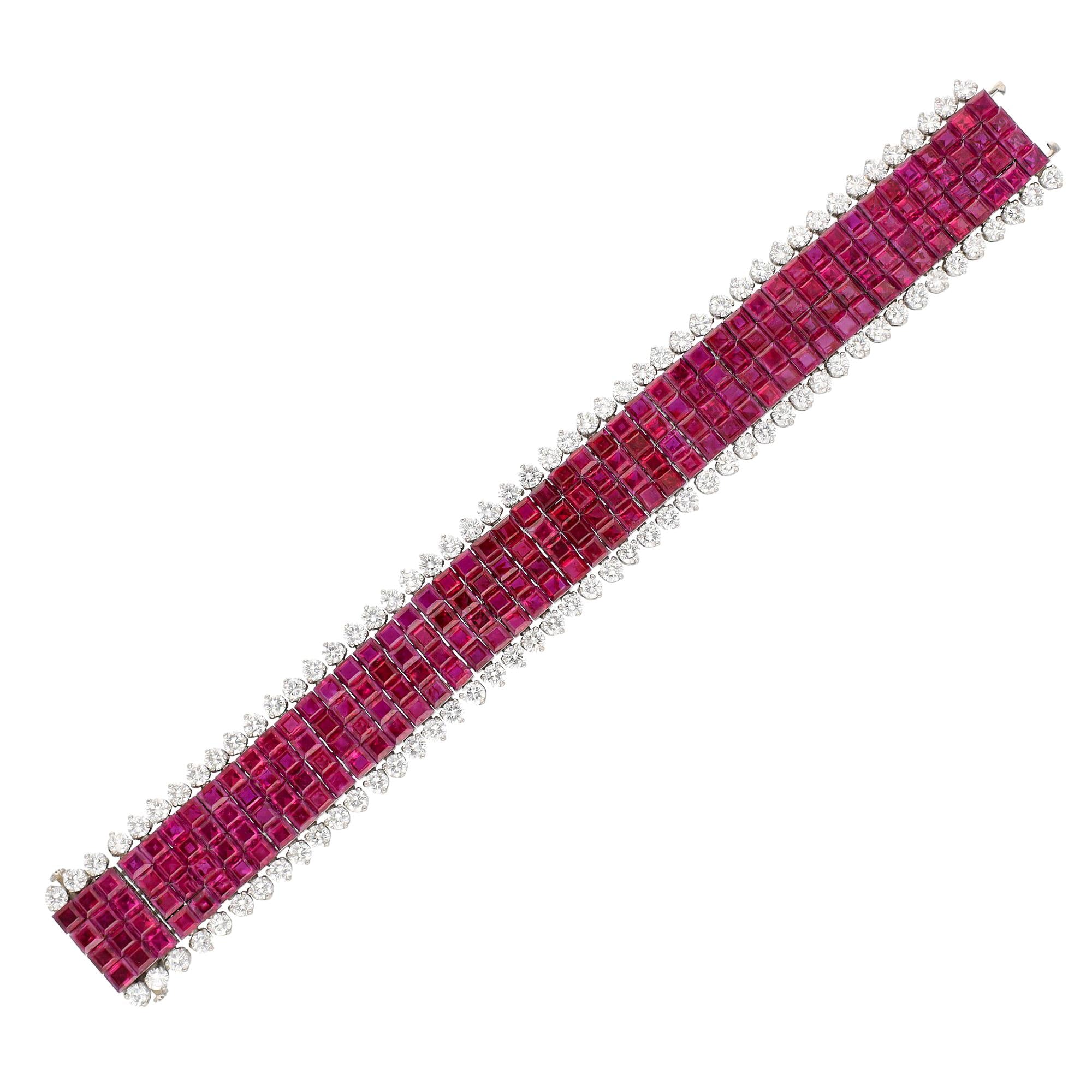 VAN CLEEF & ARPELS Platinum, 4-Row Mystery-Set Ruby and Diamond Bracelet