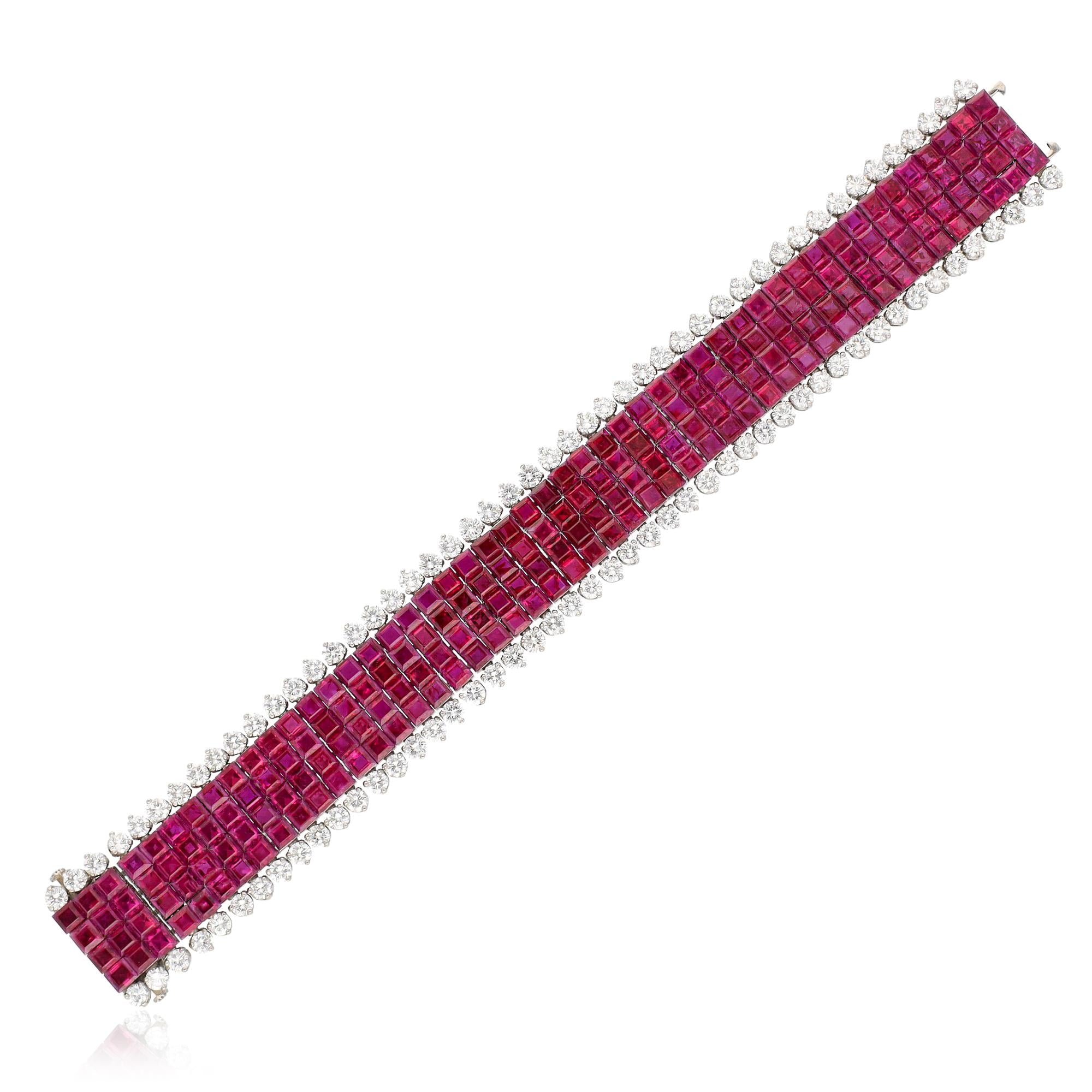 VAN CLEEF & ARPELS Platinum, 4-Row Mystery-Set Ruby and Diamond Bracelet