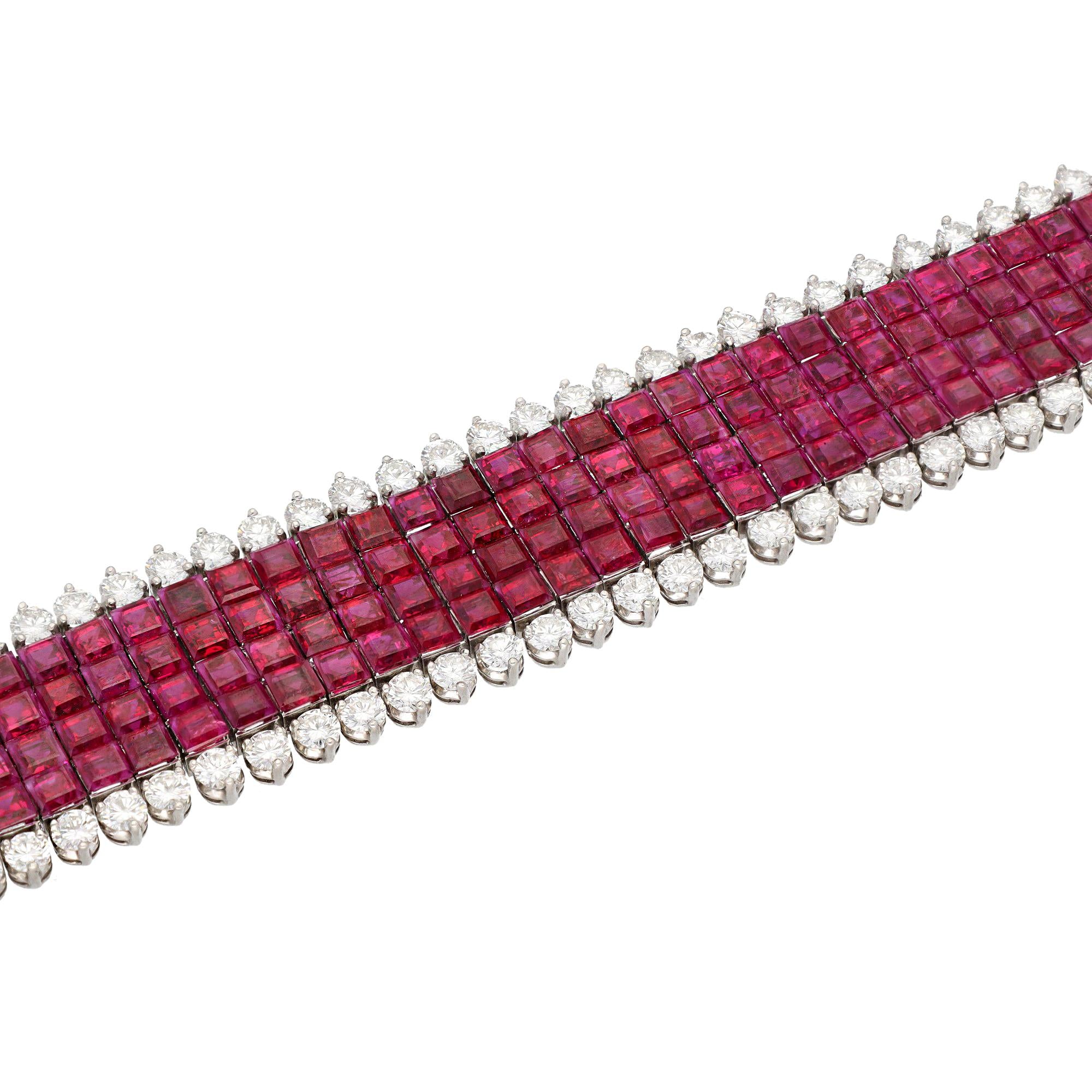 VAN CLEEF & ARPELS Platinum, 4-Row Mystery-Set Ruby and Diamond Bracelet