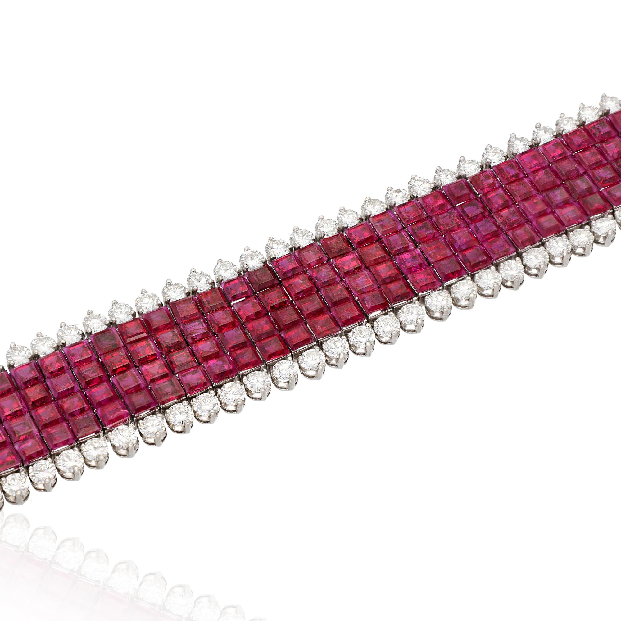 VAN CLEEF & ARPELS Platinum, 4-Row Mystery-Set Ruby and Diamond Bracelet