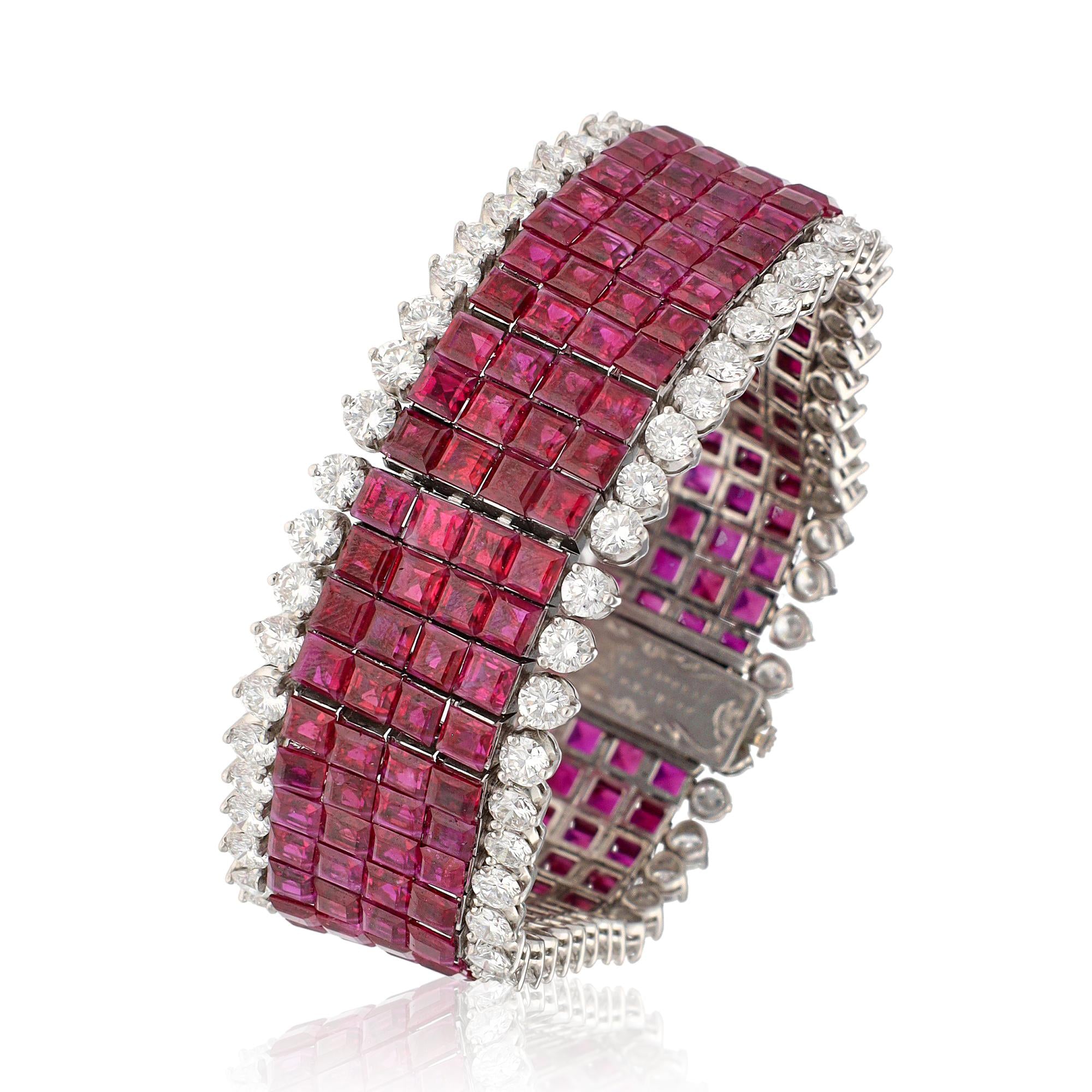 VAN CLEEF & ARPELS Platinum, 4-Row Mystery-Set Ruby and Diamond Bracelet