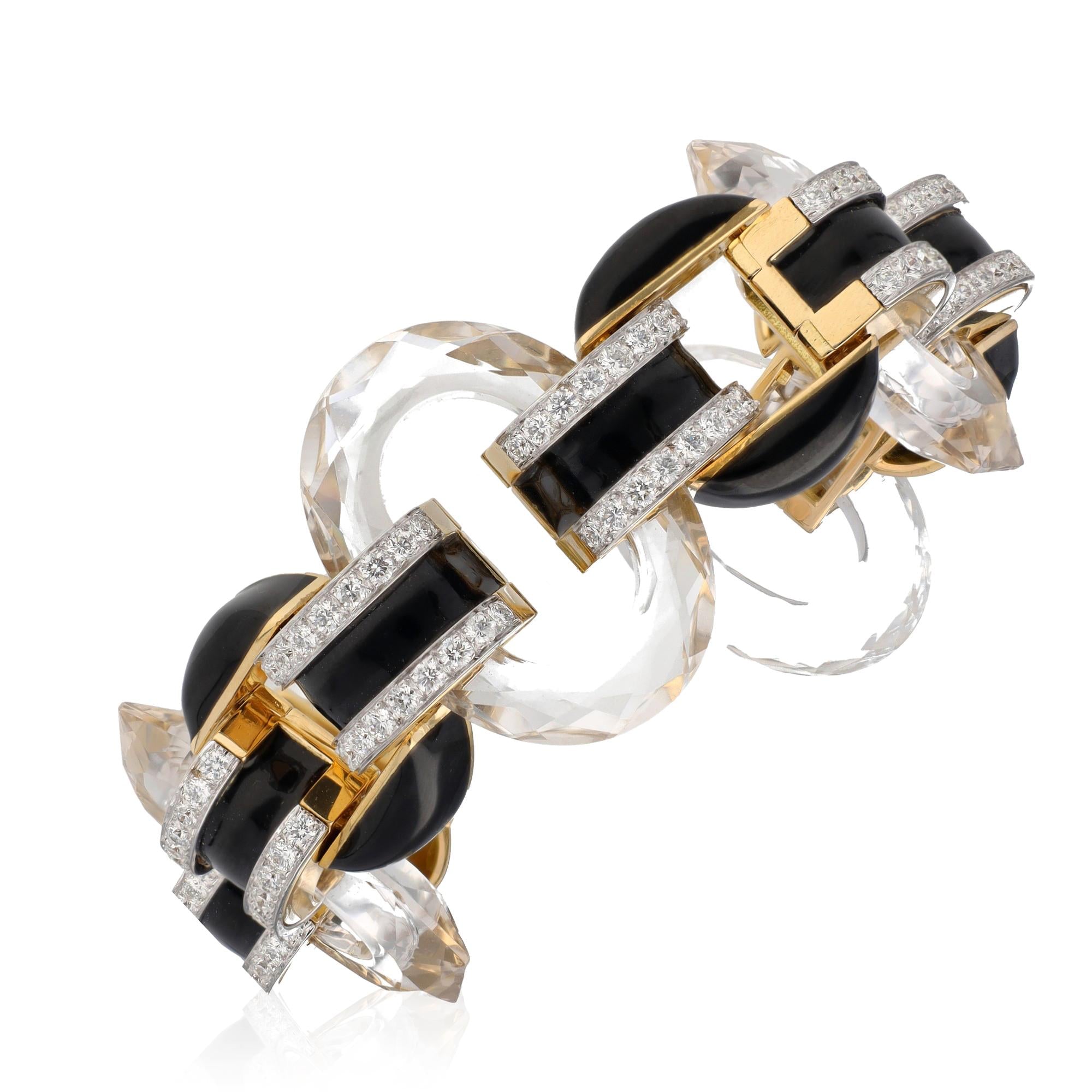 DAVID WEBB Rock Crystal, Black Enamel and Diamond “Tuxedo” Bracelet