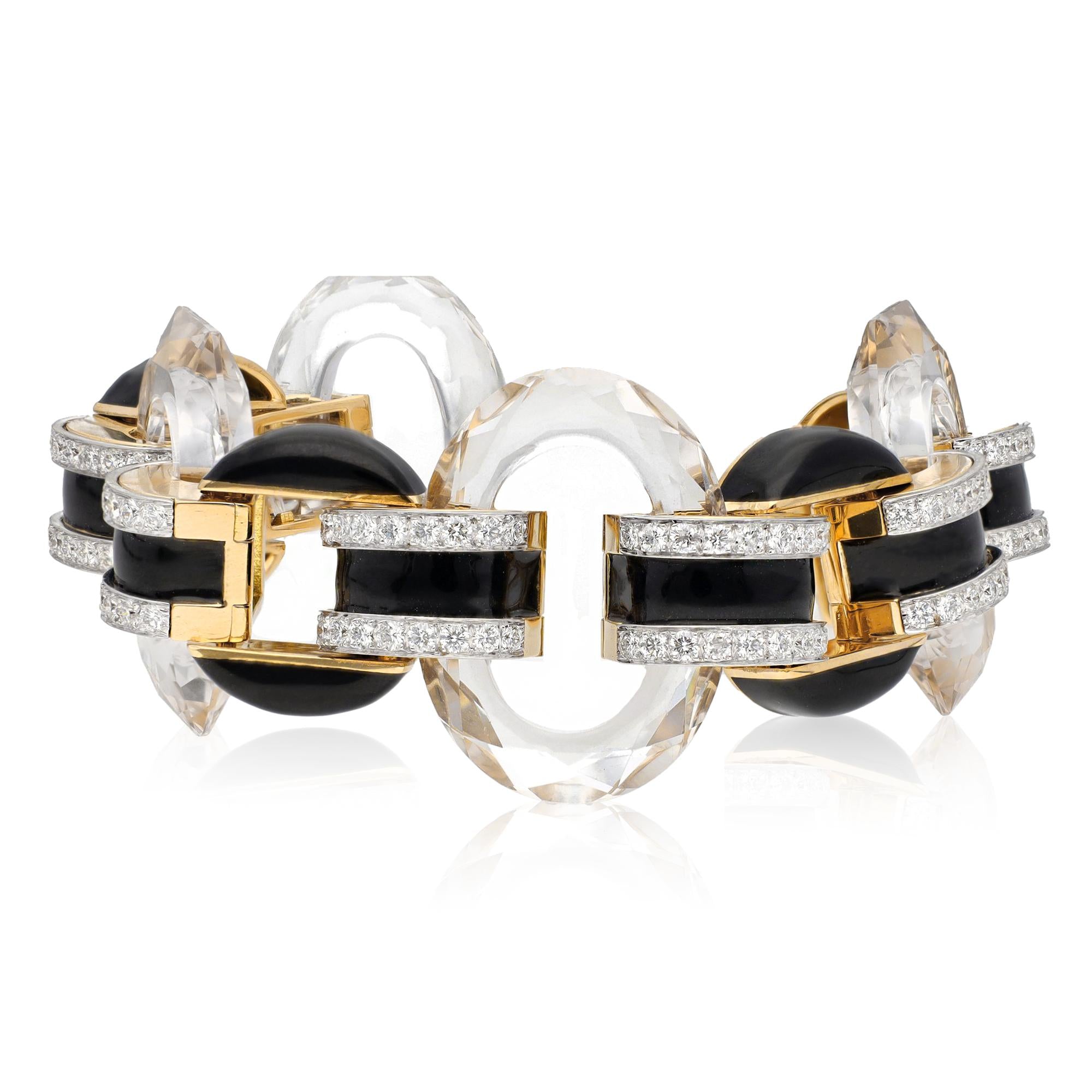 DAVID WEBB Rock Crystal, Black Enamel and Diamond “Tuxedo” Bracelet