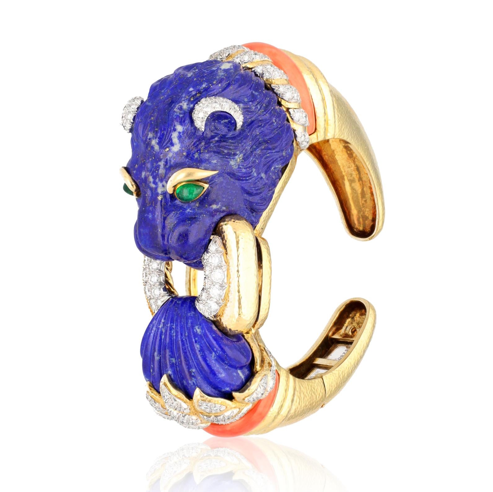 David Webb Carved Lapis Lazuli, Coral, Emerald and Diamond Lion Cuff Bracelet