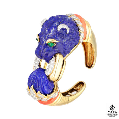 David Webb Carved Lapis Lazuli, Coral, Emerald and Diamond Lion Cuff Bracelet