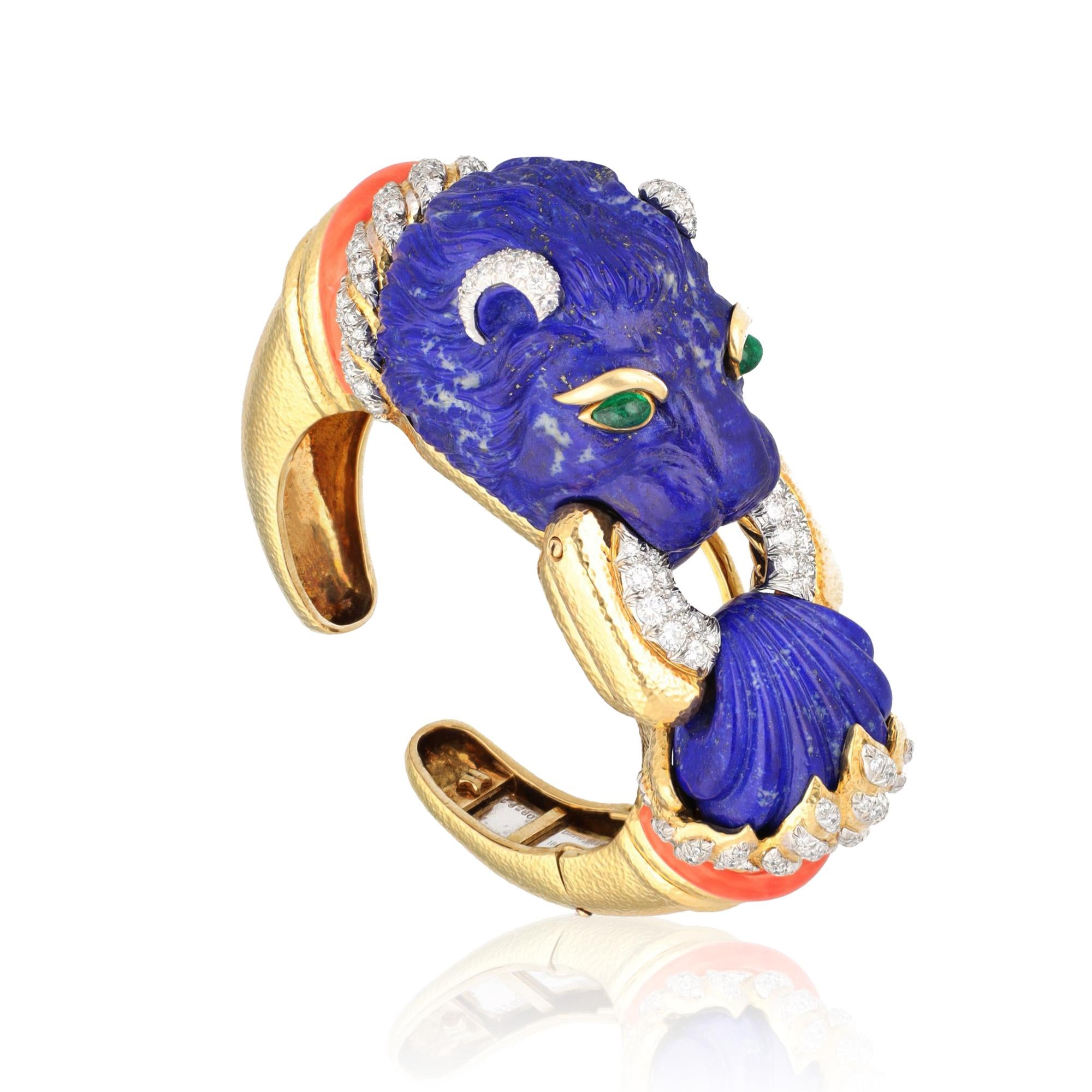 David Webb Carved Lapis Lazuli, Coral, Emerald and Diamond Lion Cuff Bracelet