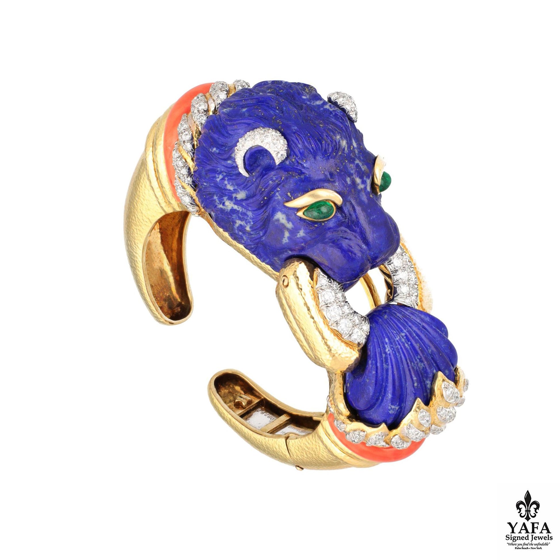 David Webb Carved Lapis Lazuli, Coral, Emerald and Diamond Lion Cuff Bracelet