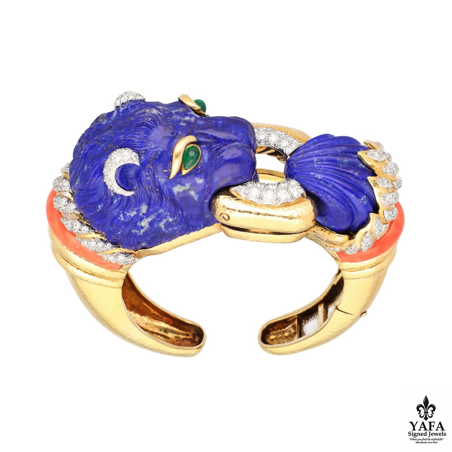 David Webb Carved Lapis Lazuli, Coral, Emerald and Diamond Lion Cuff Bracelet