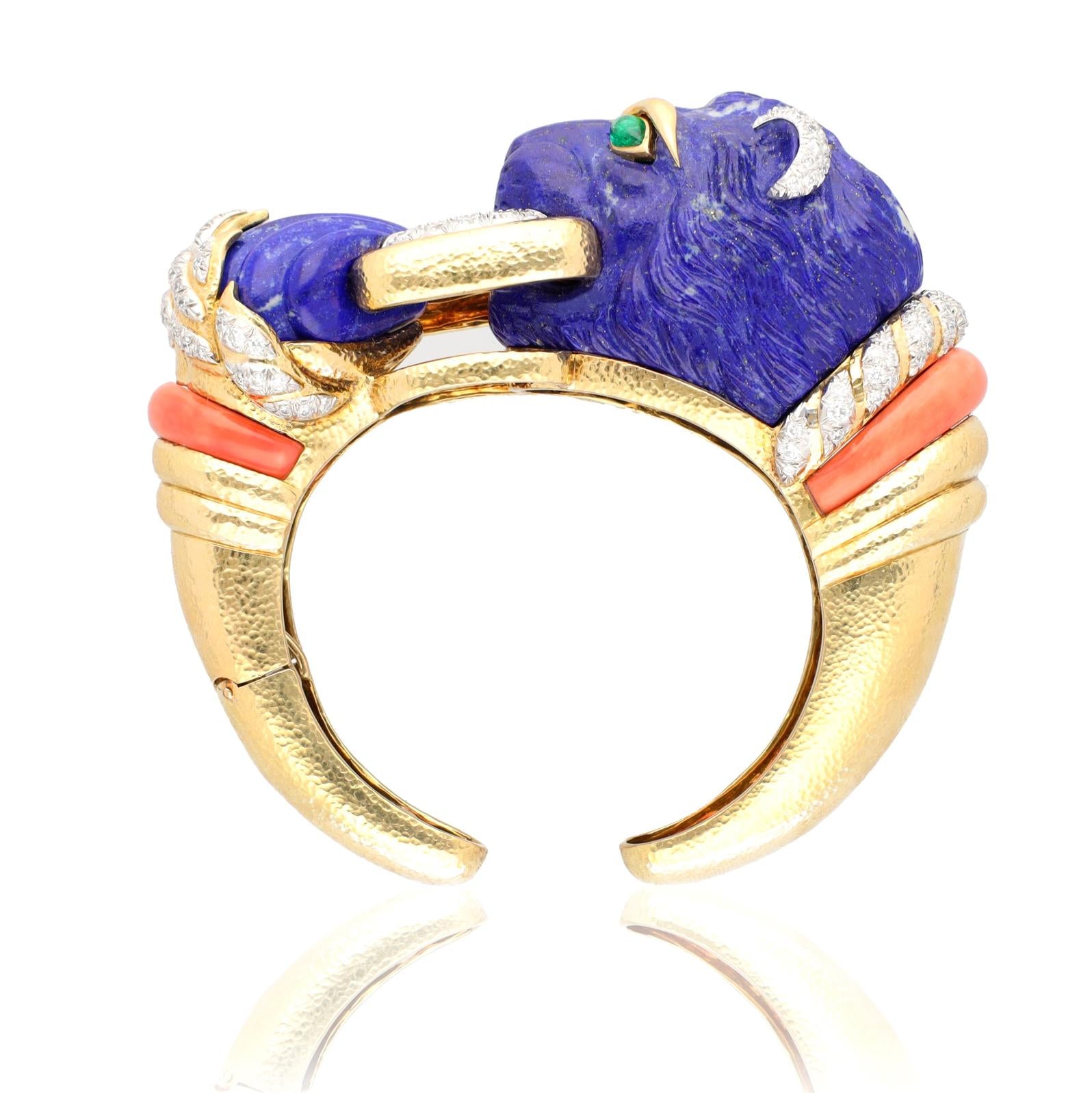 David Webb Carved Lapis Lazuli, Coral, Emerald and Diamond Lion Cuff Bracelet