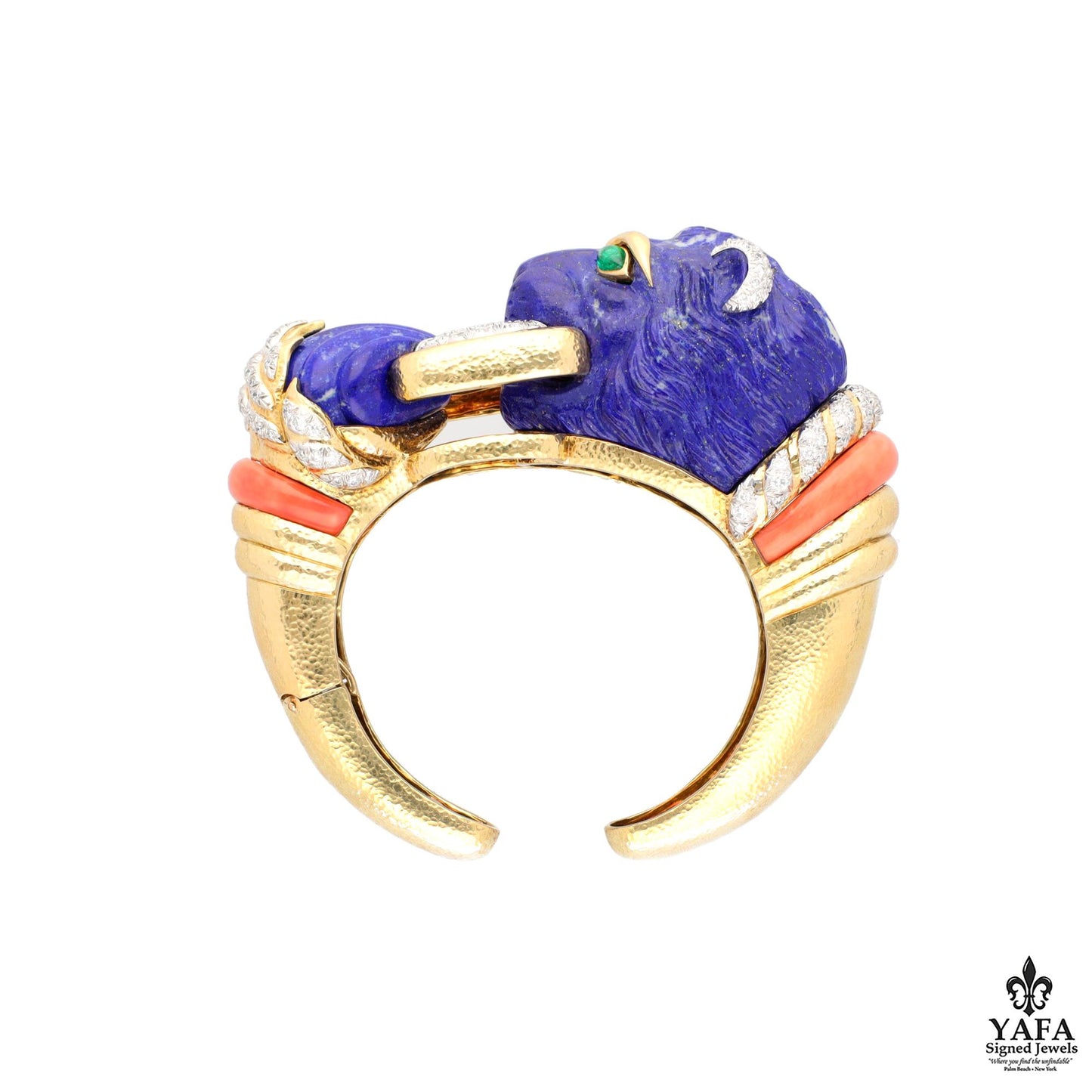 David Webb Carved Lapis Lazuli, Coral, Emerald and Diamond Lion Cuff Bracelet