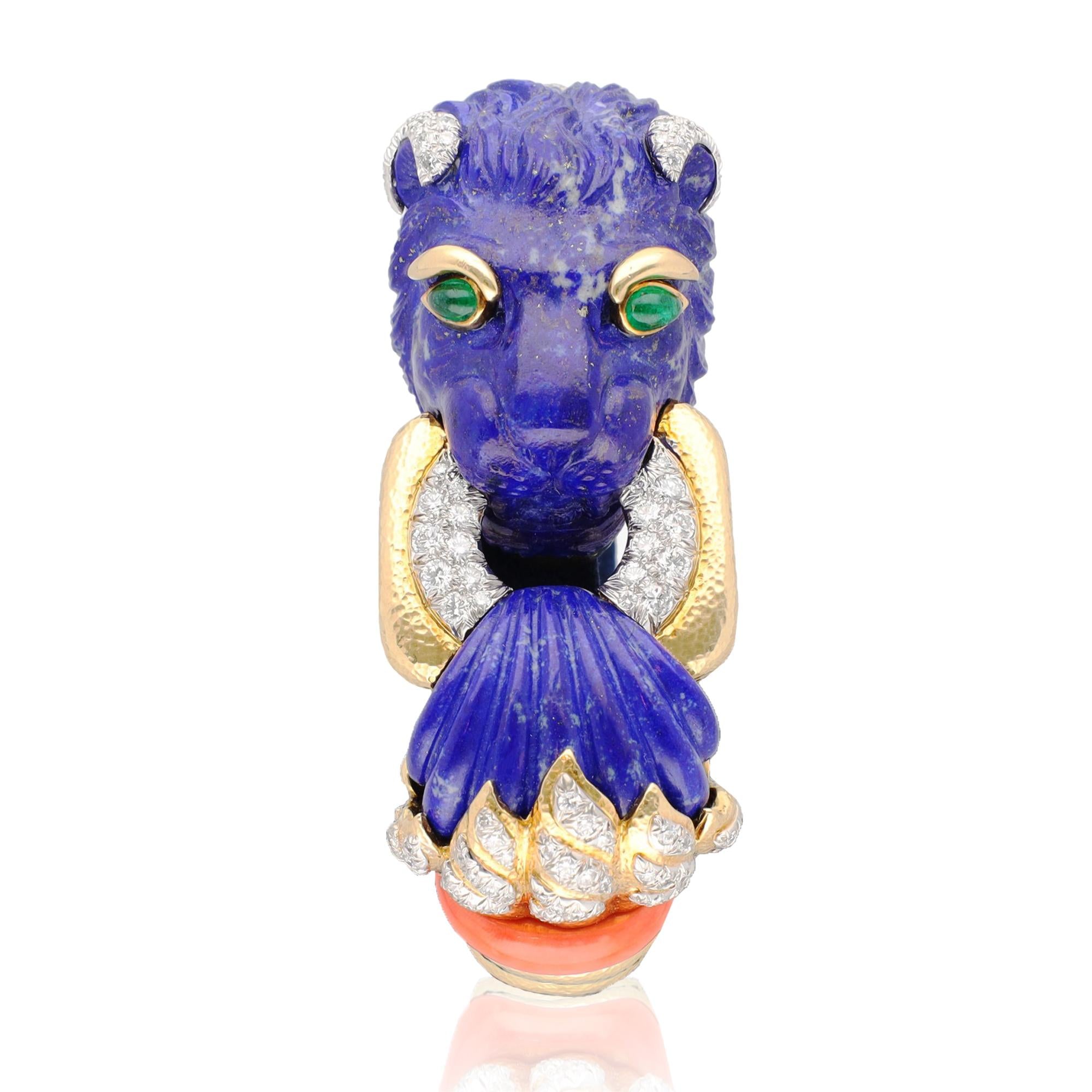 David Webb Carved Lapis Lazuli, Coral, Emerald and Diamond Lion Cuff Bracelet