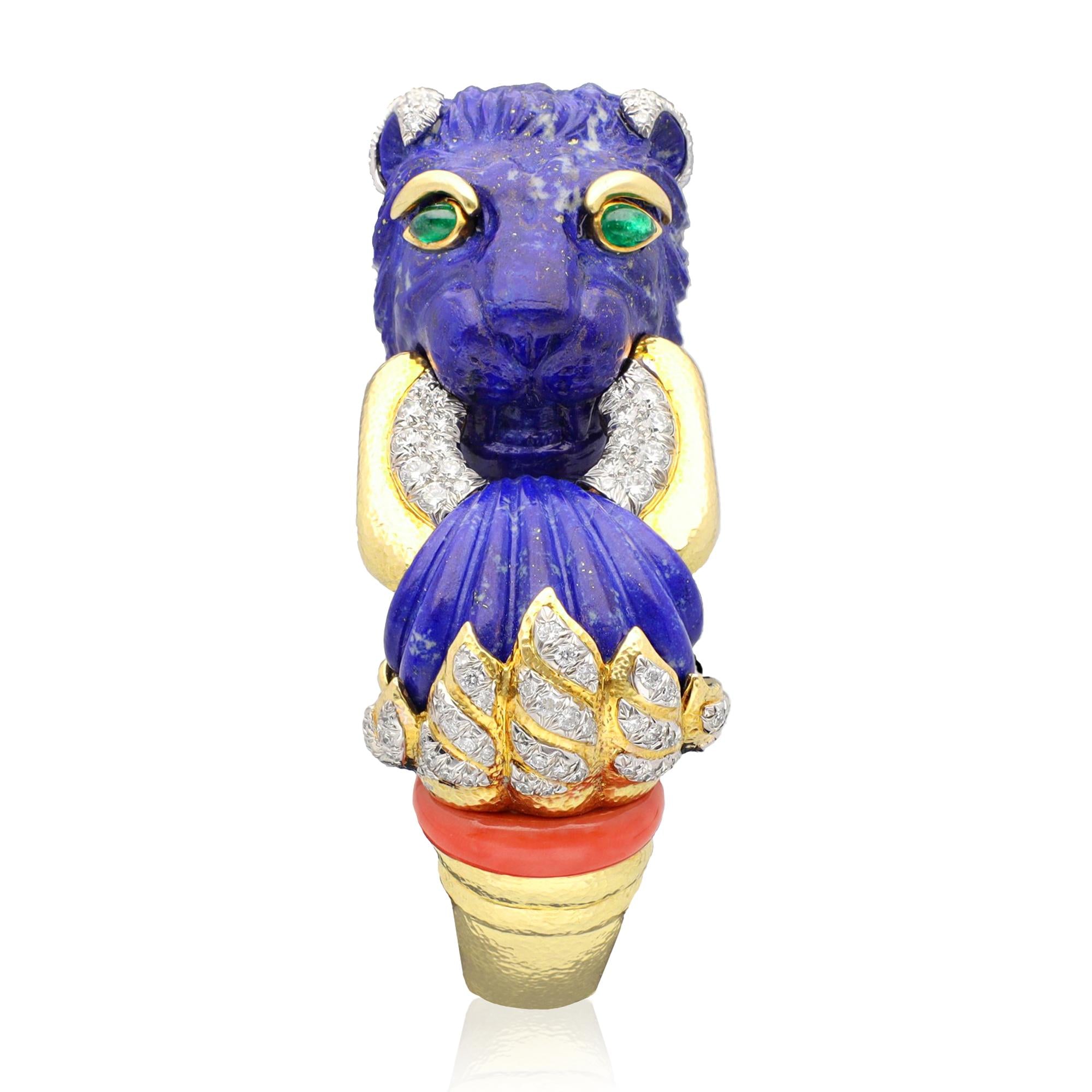 David Webb Carved Lapis Lazuli, Coral, Emerald and Diamond Lion Cuff Bracelet