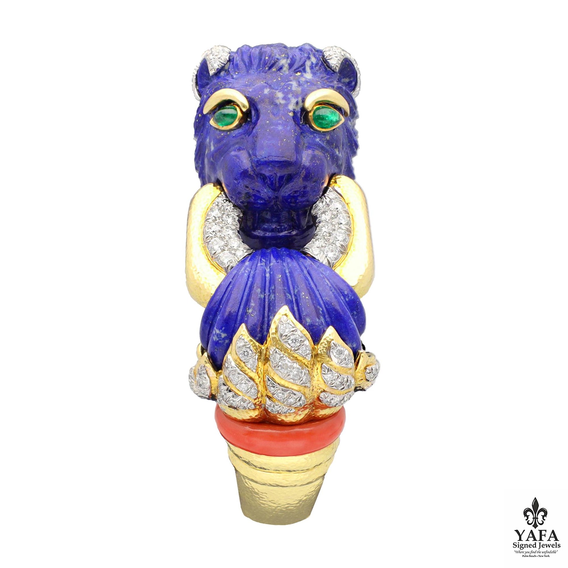 David Webb Carved Lapis Lazuli, Coral, Emerald and Diamond Lion Cuff Bracelet